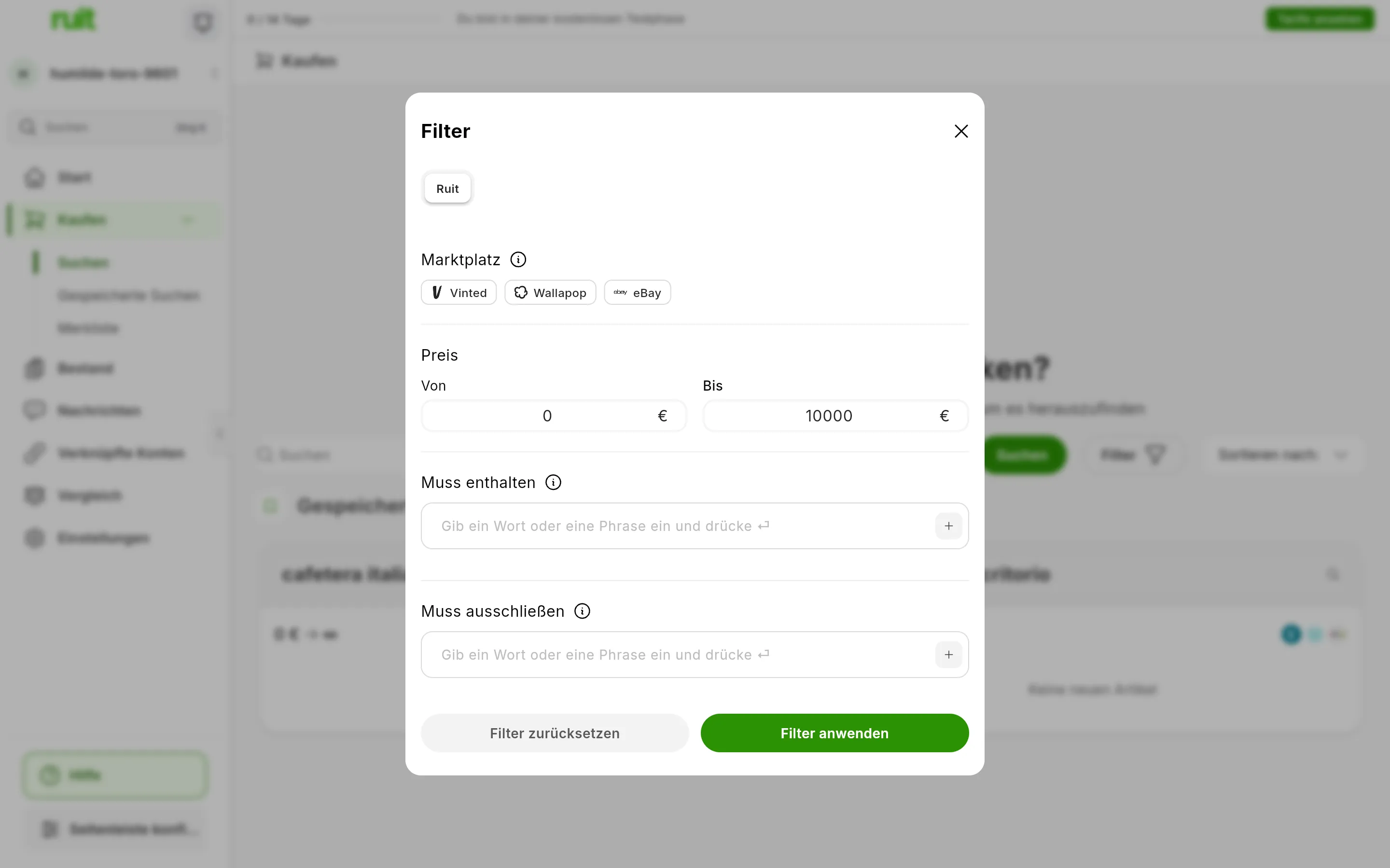 Der geöffnete Bereich Filter: Marktplatz mit Vinted, Wallapop und eBay, der Preis mit Ab und Bis, Muss enthalten, Muss ausschließen und die Schaltflächen Filter zurücksetzen und Filter anwenden