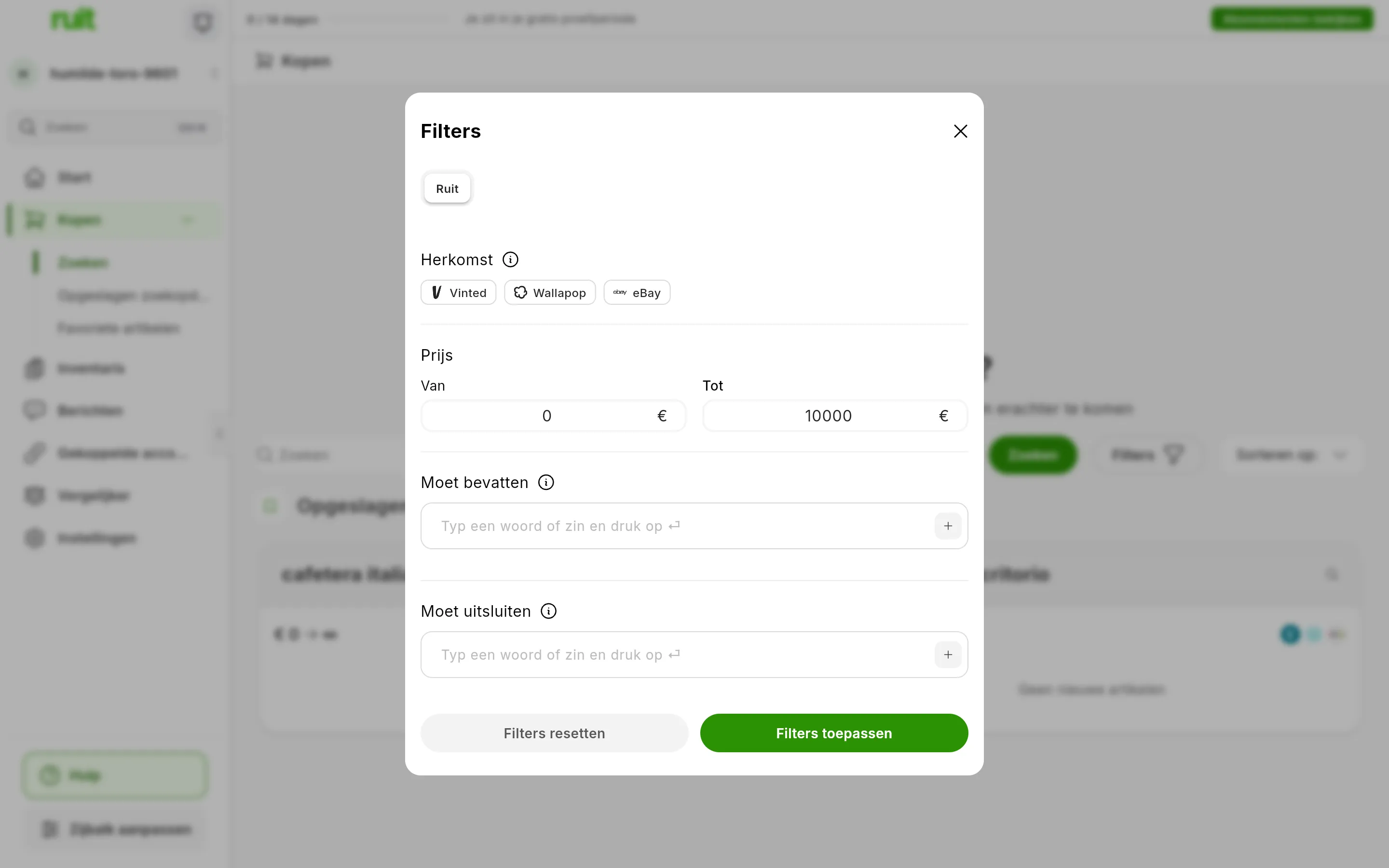 Het paneel Filters geopend: Herkomst met Vinted, Wallapop en eBay, de prijs Van en Tot, Moet bevatten, Moet uitsluiten en de knoppen Filters resetten en Filters toepassen