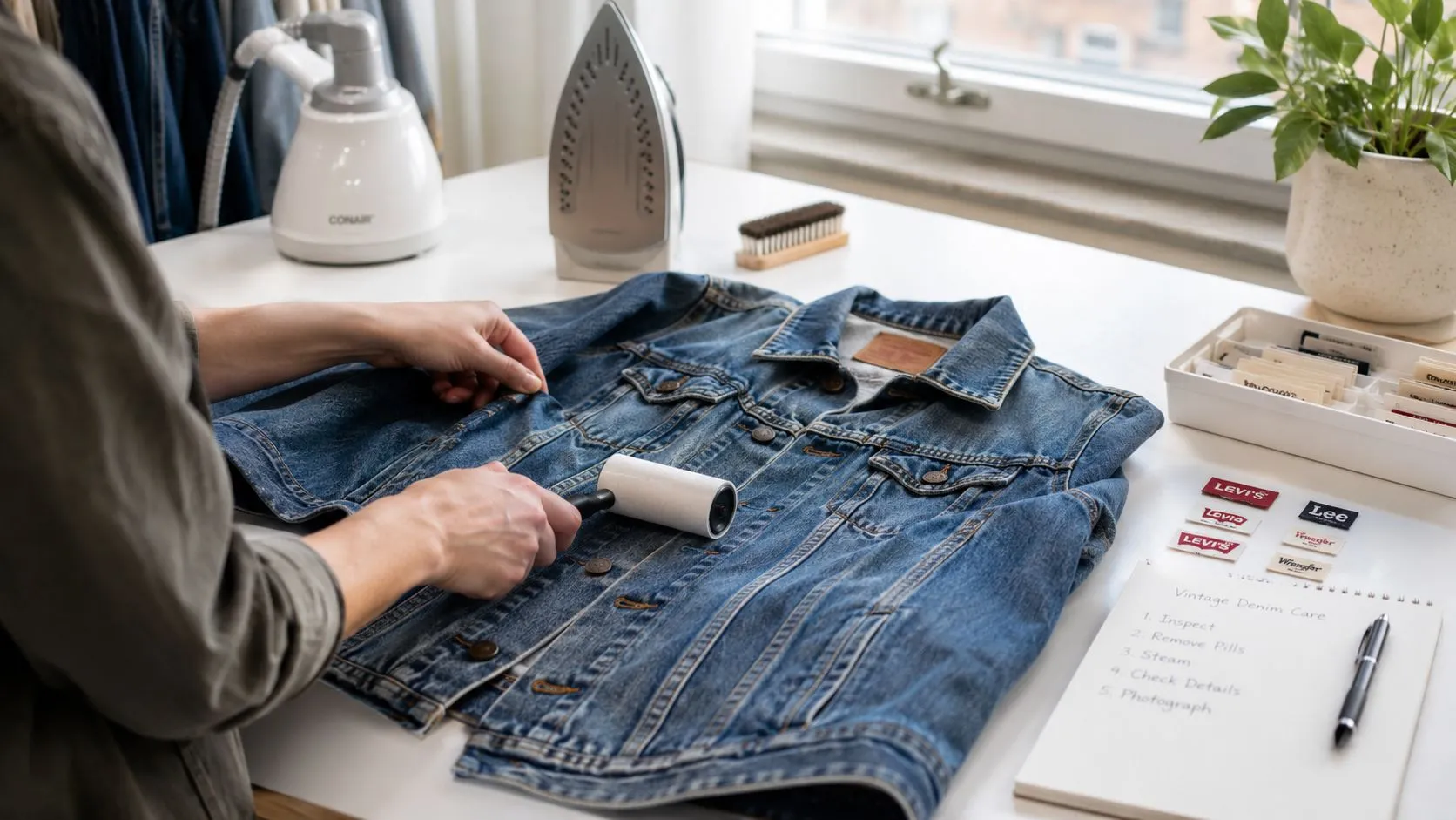 Une personne utilisant un rouleau adhésif pour nettoyer une veste en jean sur une table blanche.