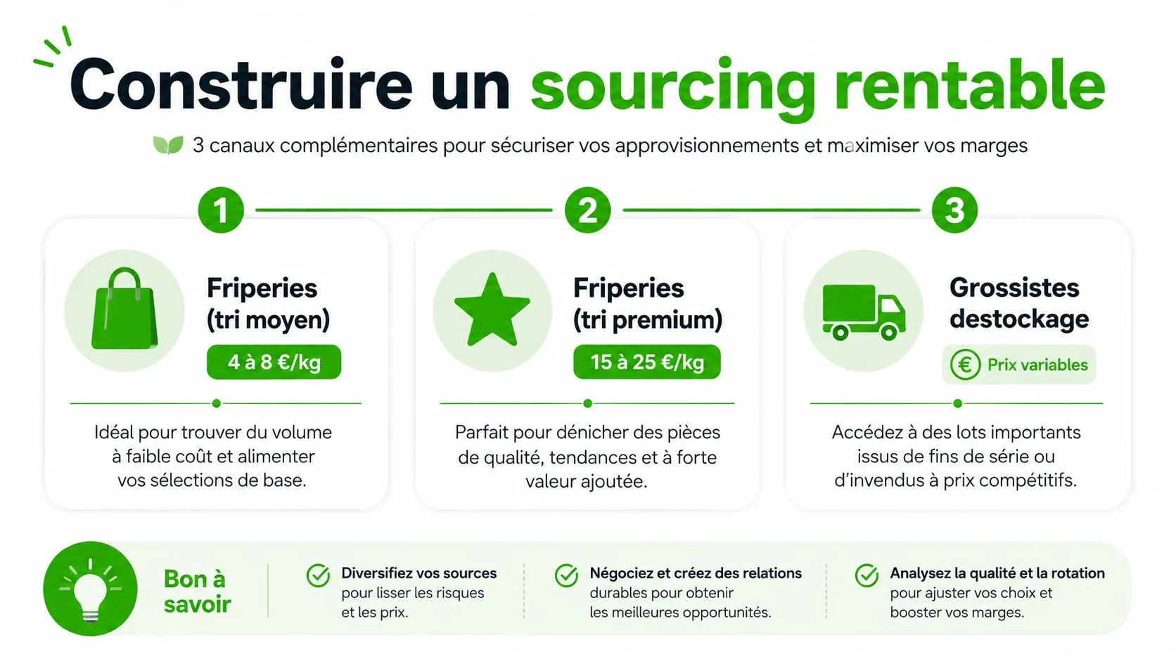 Infographie montrant trois canaux de sourcing pour acheter et revendre des vêtements de manière rentable.
