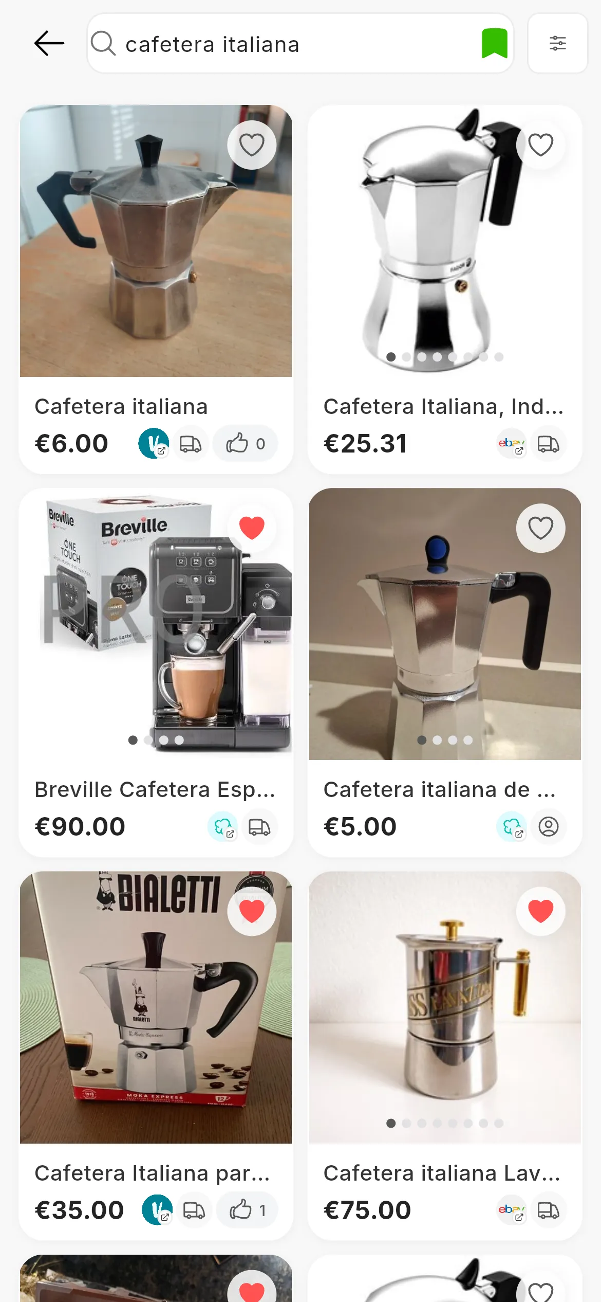 The RUIT search screen with the search cafetera italiana: at the top, Filters, Sort by, the search box, Search and Search Saved; below, a grid of coffee makers from Wallapop, Vinted and eBay, each with its photos, title, price, its marketplace's logo and the heart