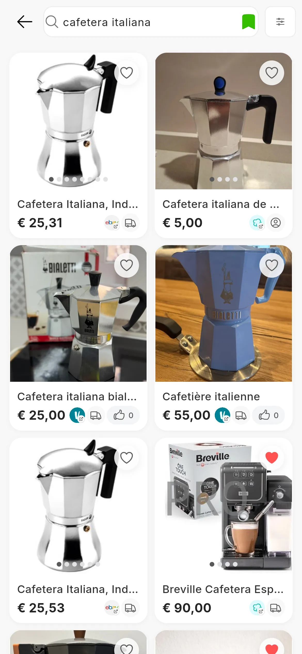 De zoekfunctie van RUIT met de zoekopdracht cafetera italiana: bovenaan Filters, Sorteren op, het zoekveld, Zoeken en Zoekopdracht opgeslagen; daaronder een raster met percolators van Wallapop, Vinted en eBay, elk met de foto's, de titel, de prijs, het logo van de marketplace en het hartje