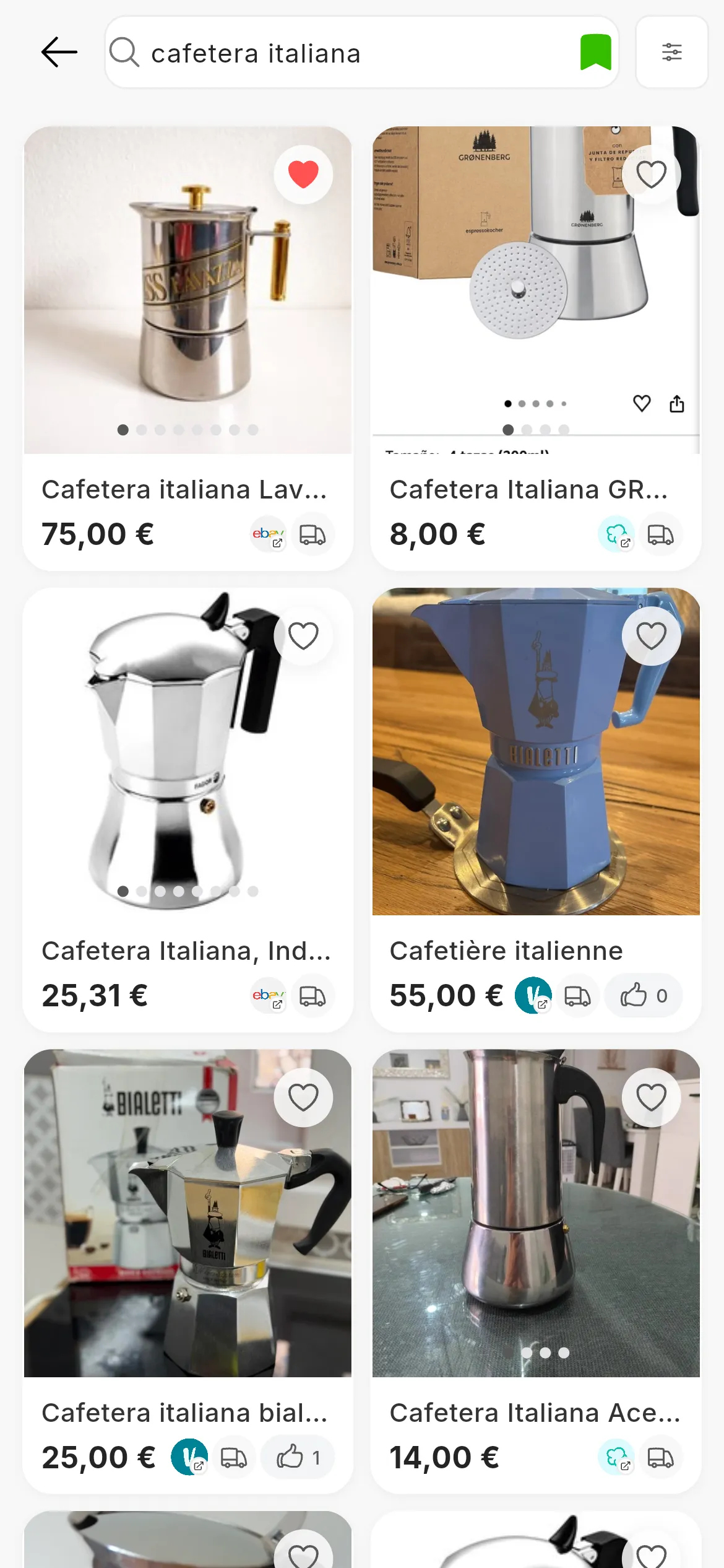 Wyszukiwarka RUIT z wyszukiwaniem „cafetera italiana”: u góry Filtry, Sortuj według, pole wyszukiwania, Szukaj i Zapisano wyszukiwanie; poniżej siatka kawiarek z Wallapop, Vinted i eBay, każda ze zdjęciami, tytułem, ceną, logo swojego marketplace i serduszkiem