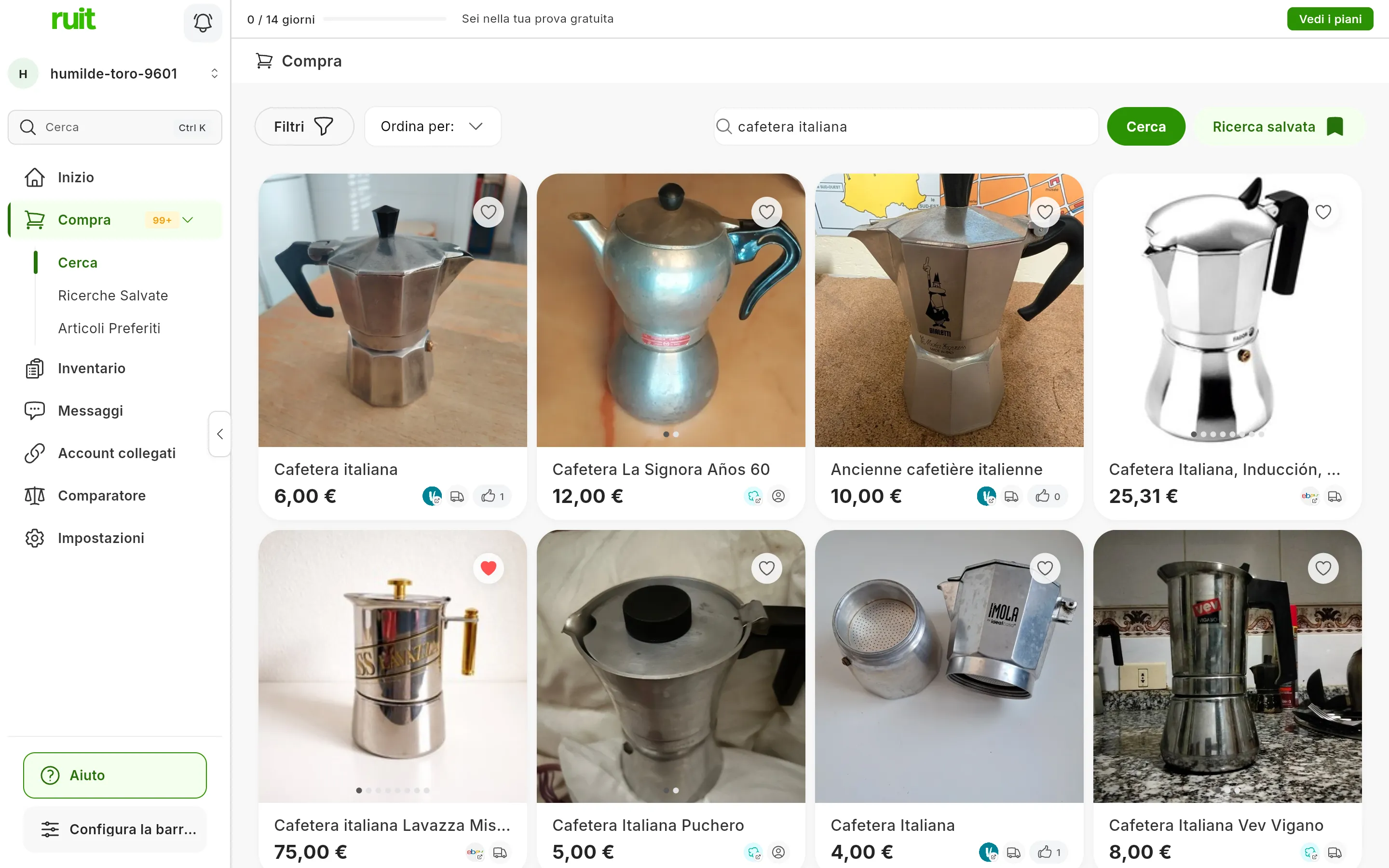 Il motore di ricerca di RUIT con la ricerca cafetera italiana: in alto, Filtri, Ordina per, il campo, Cerca e Ricerca salvata; sotto, una griglia di caffettiere di Wallapop, Vinted ed eBay, ognuna con le sue foto, il titolo, il prezzo, il logo del suo marketplace e il cuore