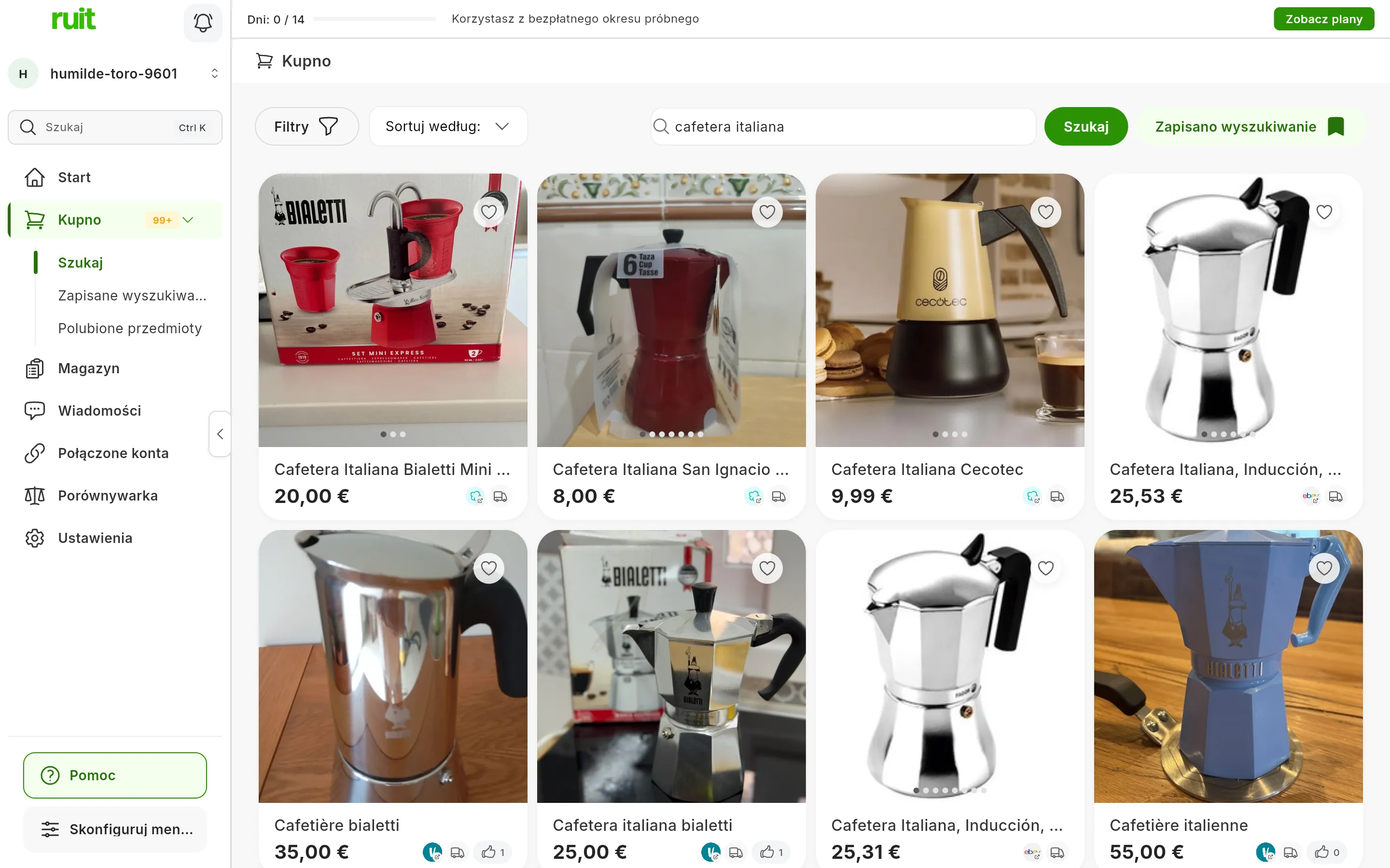 Wyszukiwarka RUIT z wyszukiwaniem „cafetera italiana”: u góry Filtry, Sortuj według, pole wyszukiwania, Szukaj i Zapisano wyszukiwanie; poniżej siatka kawiarek z Wallapop, Vinted i eBay, każda ze zdjęciami, tytułem, ceną, logo swojego marketplace i serduszkiem