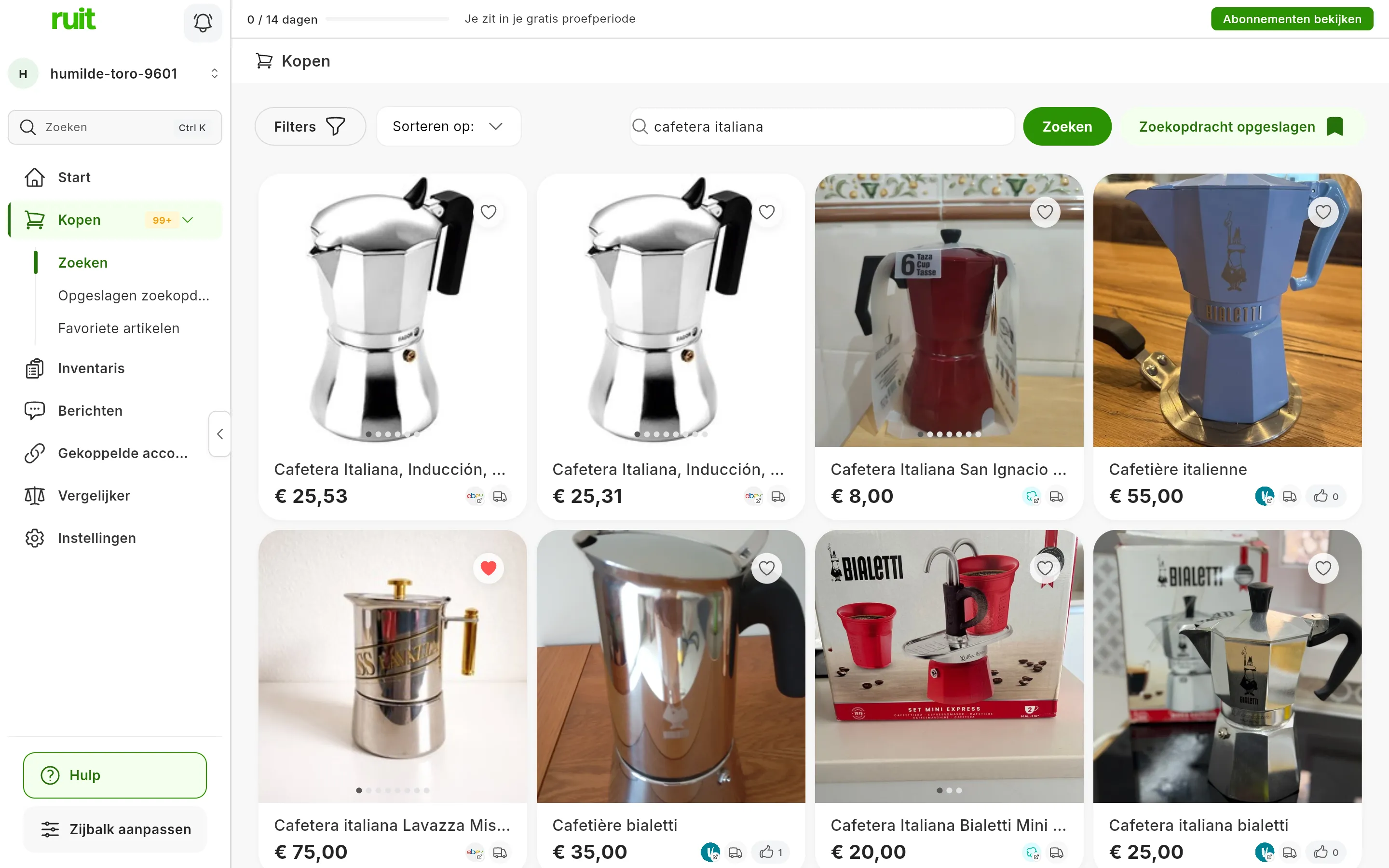 De zoekfunctie van RUIT met de zoekopdracht cafetera italiana: bovenaan Filters, Sorteren op, het zoekveld, Zoeken en Zoekopdracht opgeslagen; daaronder een raster met percolators van Wallapop, Vinted en eBay, elk met de foto's, de titel, de prijs, het logo van de marketplace en het hartje
