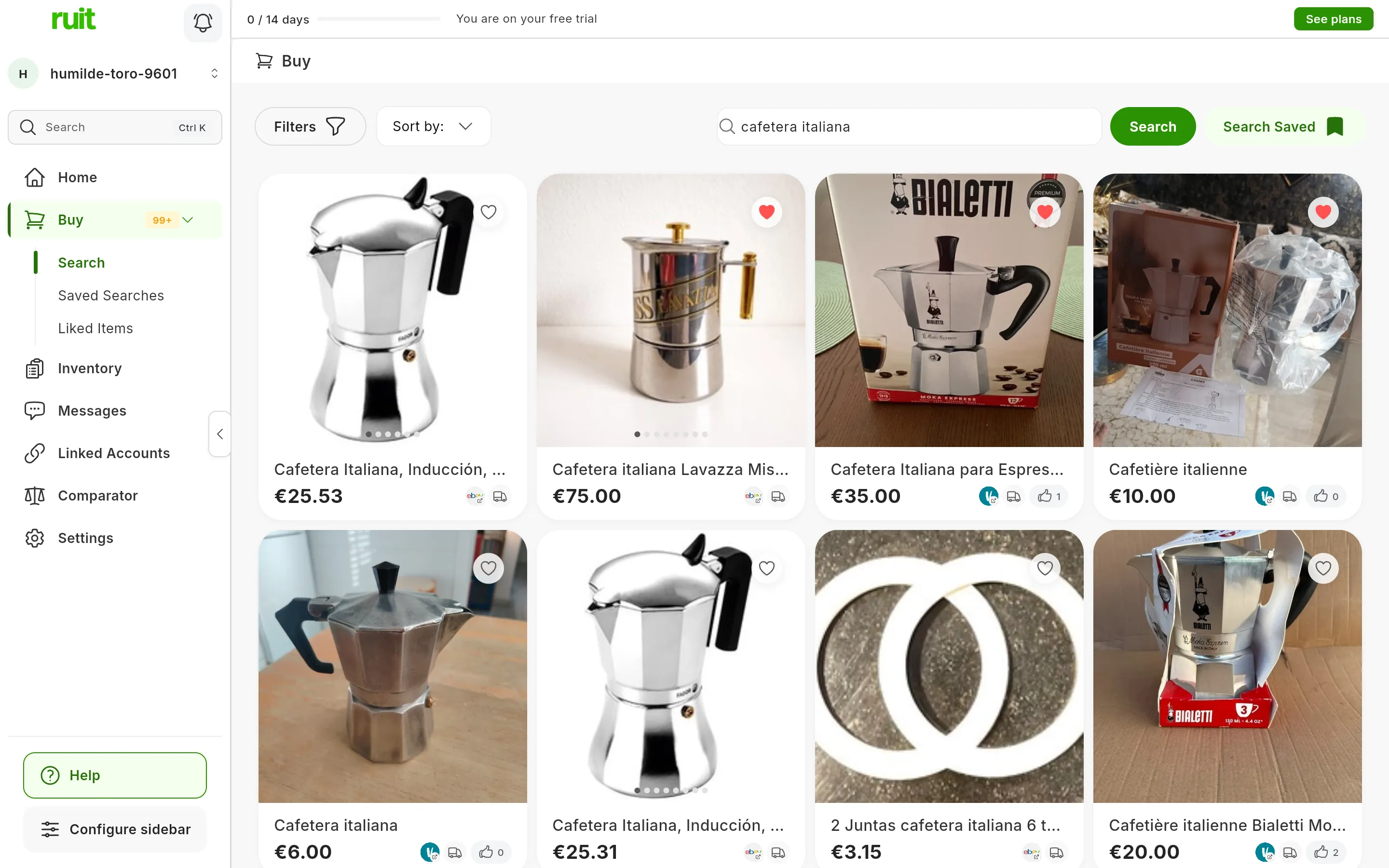 The RUIT search screen with the search cafetera italiana: at the top, Filters, Sort by, the search box, Search and Search Saved; below, a grid of coffee makers from Wallapop, Vinted and eBay, each with its photos, title, price, its marketplace's logo and the heart