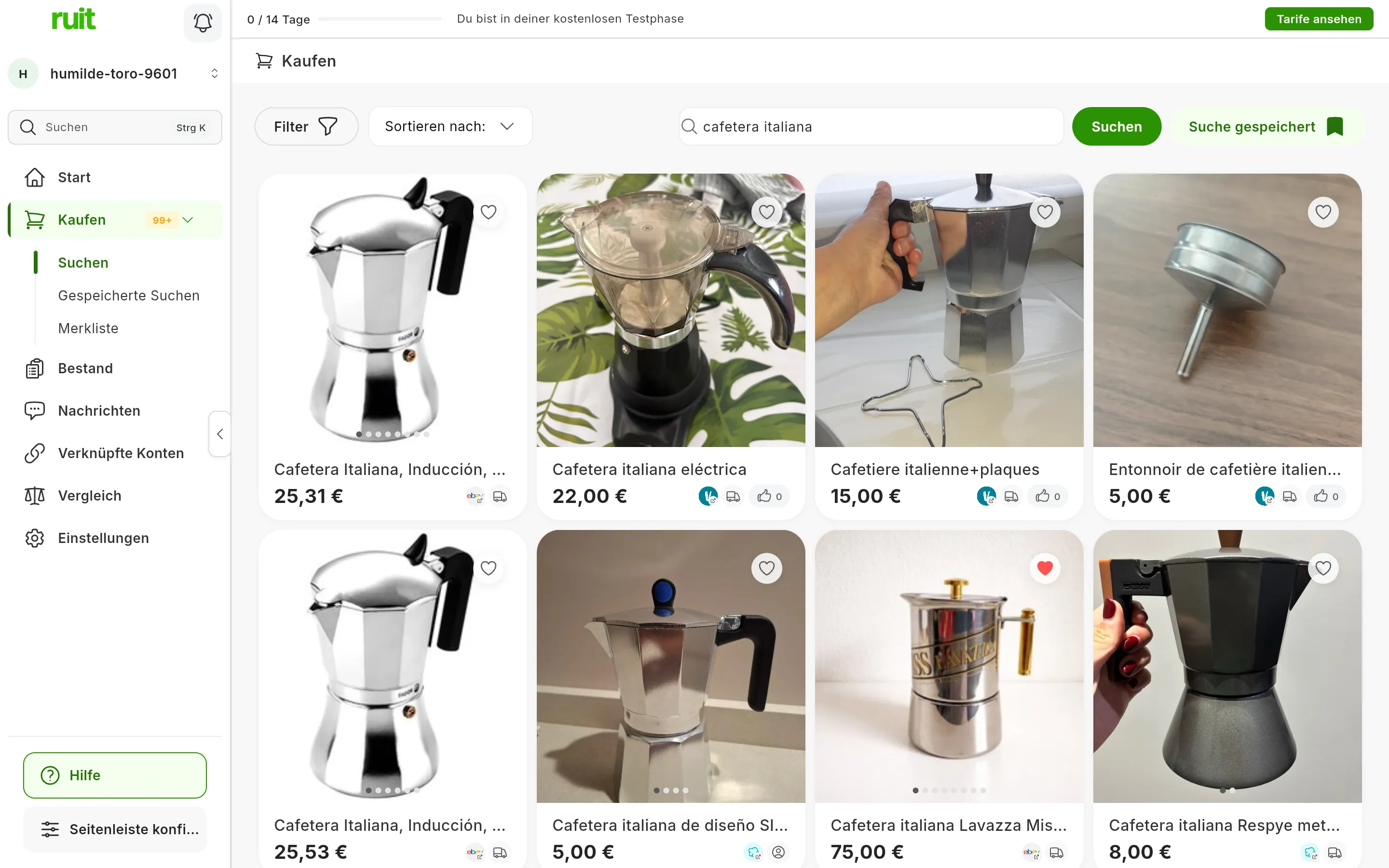 Der Suchbildschirm von RUIT mit der Suche nach cafetera italiana: oben Filter, Sortieren nach, das Suchfeld, Suchen und Suche gespeichert; darunter ein Raster aus Espressokannen von Wallapop, Vinted und eBay, jede mit ihren Fotos, ihrem Titel, ihrem Preis, dem Logo ihres Marktplatzes und dem Herzsymbol