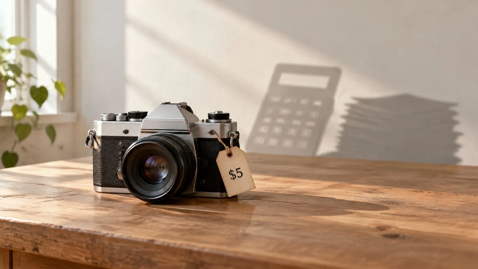Un appareil photo vintage posé sur une table en bois avec une étiquette de prix indiquant cinq dollars.