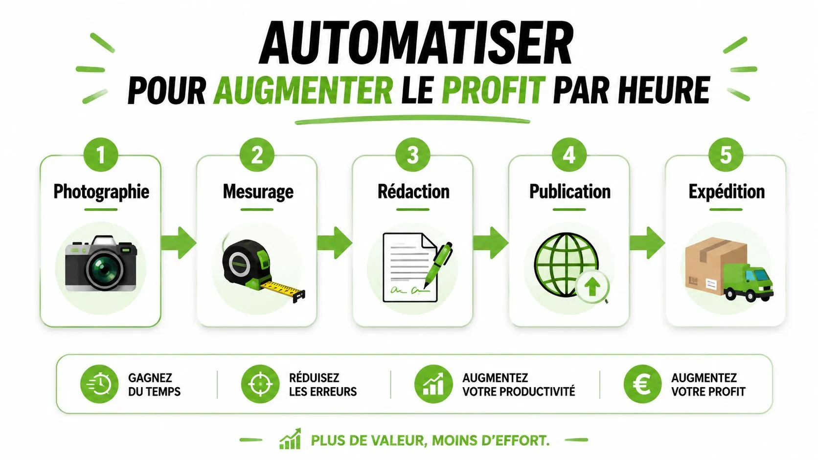 Un graphique étape par étape illustrant le processus d'automatisation pour maximiser la rentabilité de la revente de vêtements.