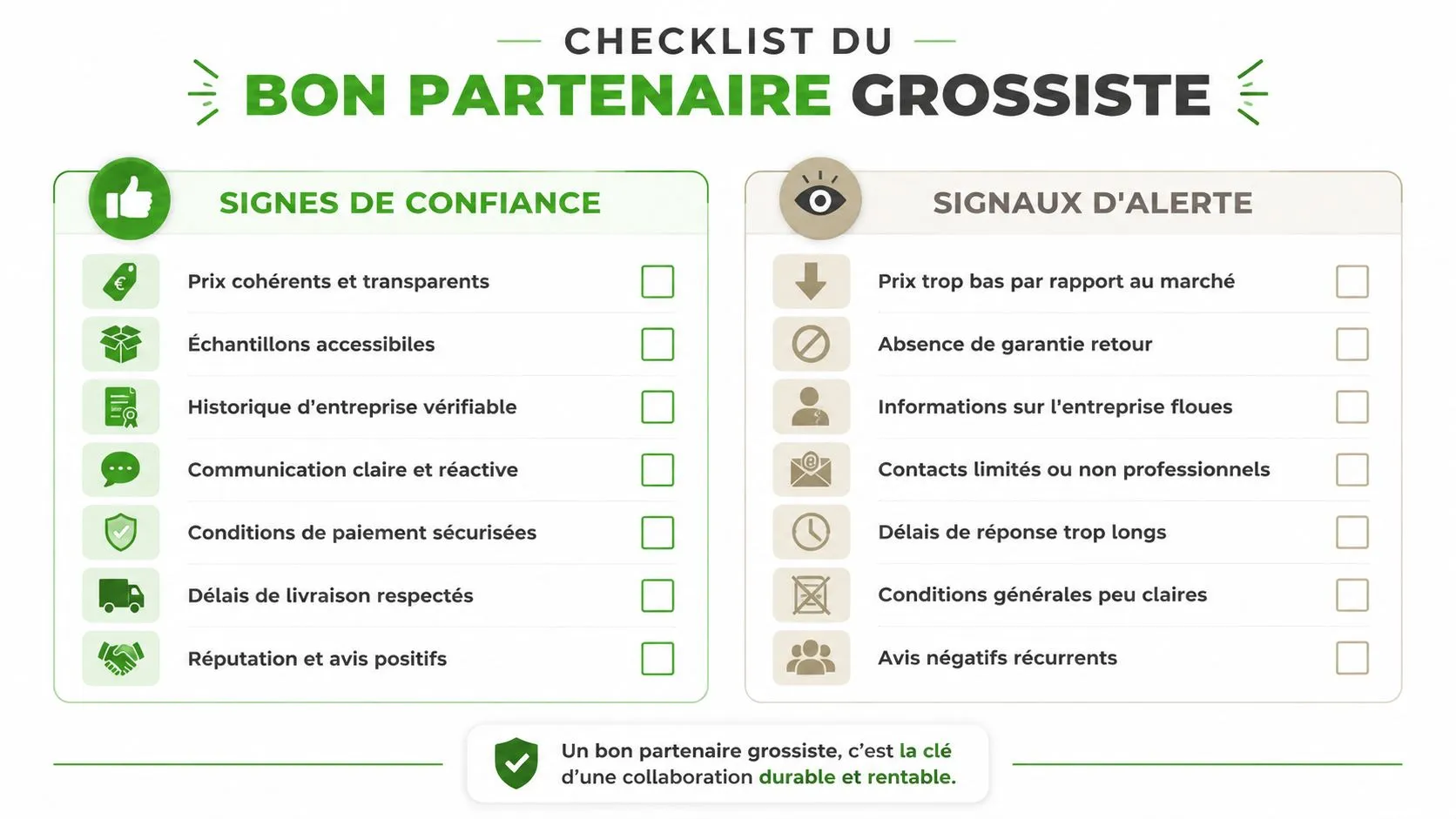 Une checklist illustrée présentant les signes de confiance et les signaux d'alerte pour choisir un partenaire grossiste.