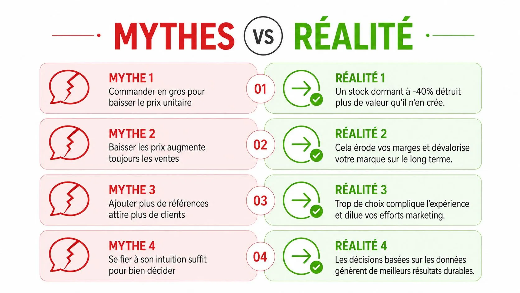 Comparaison visuelle sous forme de tableau entre quatre mythes courants du commerce et leur réalité stratégique.