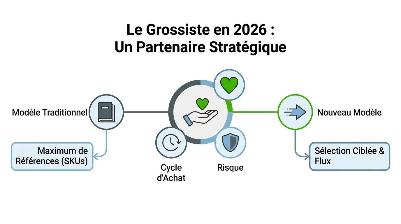 Schéma illustrant l'évolution du grossiste en 2026 vers un modèle stratégique basé sur la sélection ciblée.
