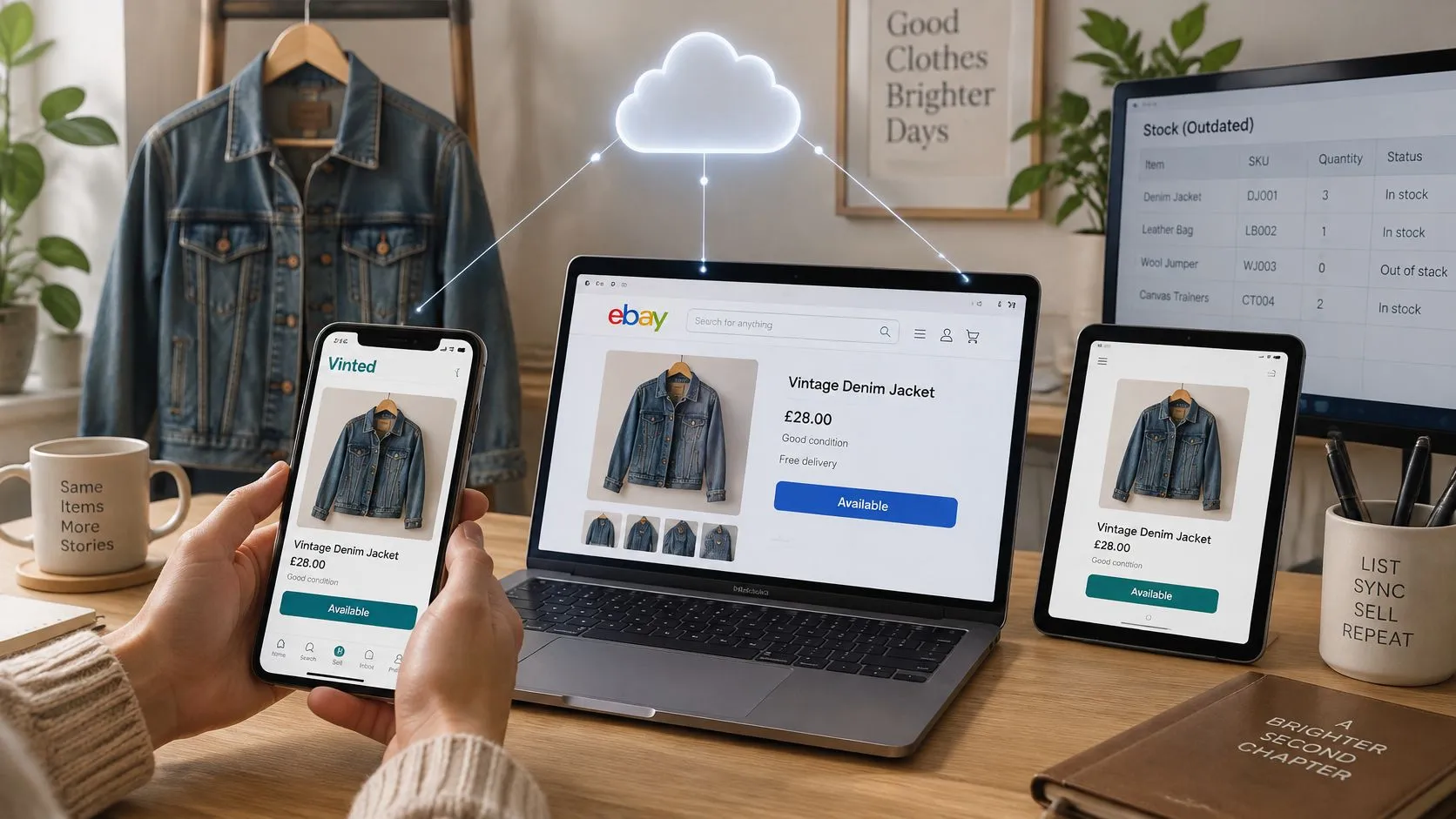 A person holds a phone showing clothing inventory synced across a laptop, tablet, and cloud platform.