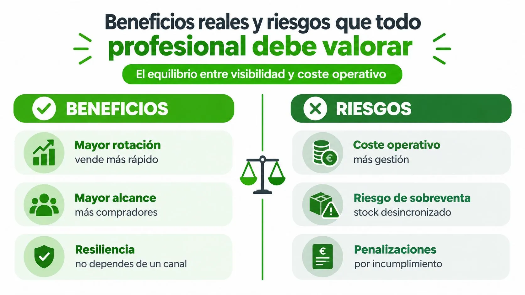 Infografía comparativa sobre los beneficios y riesgos de diversificar canales de venta para profesionales del comercio.