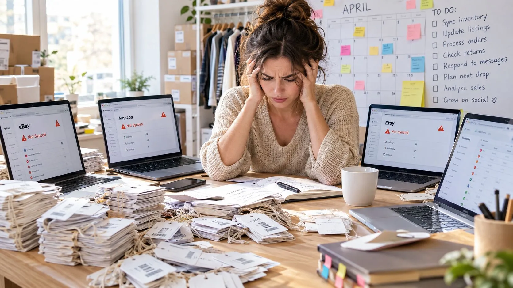 Une femme stressée devant quatre ordinateurs portables affichant des erreurs de synchronisation de stock dans son bureau.