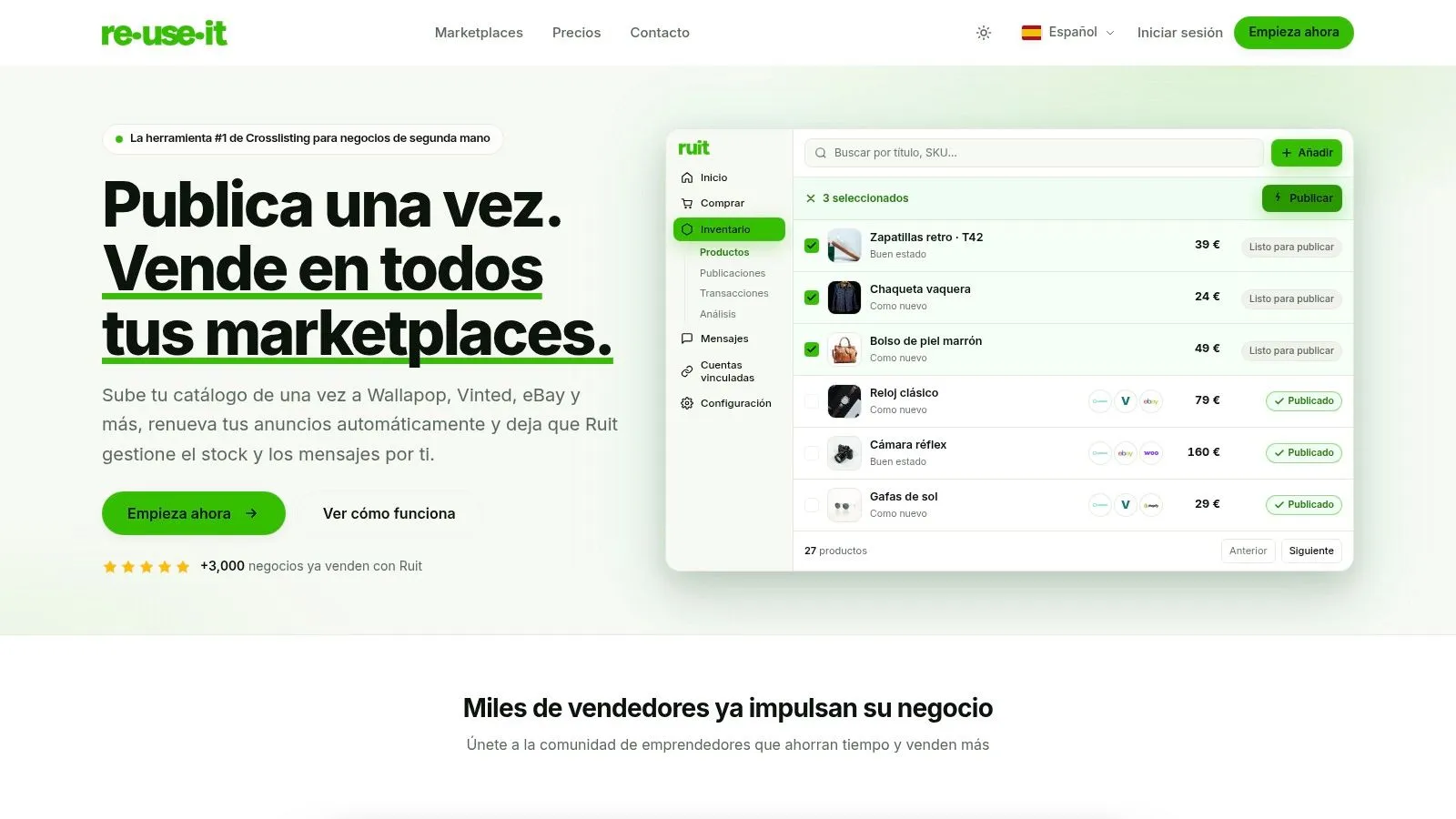 La page d'accueil de Ruit à côté d'un panneau d'inventaire où les articles d'occasion sont listés avec leur état, leur prix et leur statut de publication sur chaque marketplace.