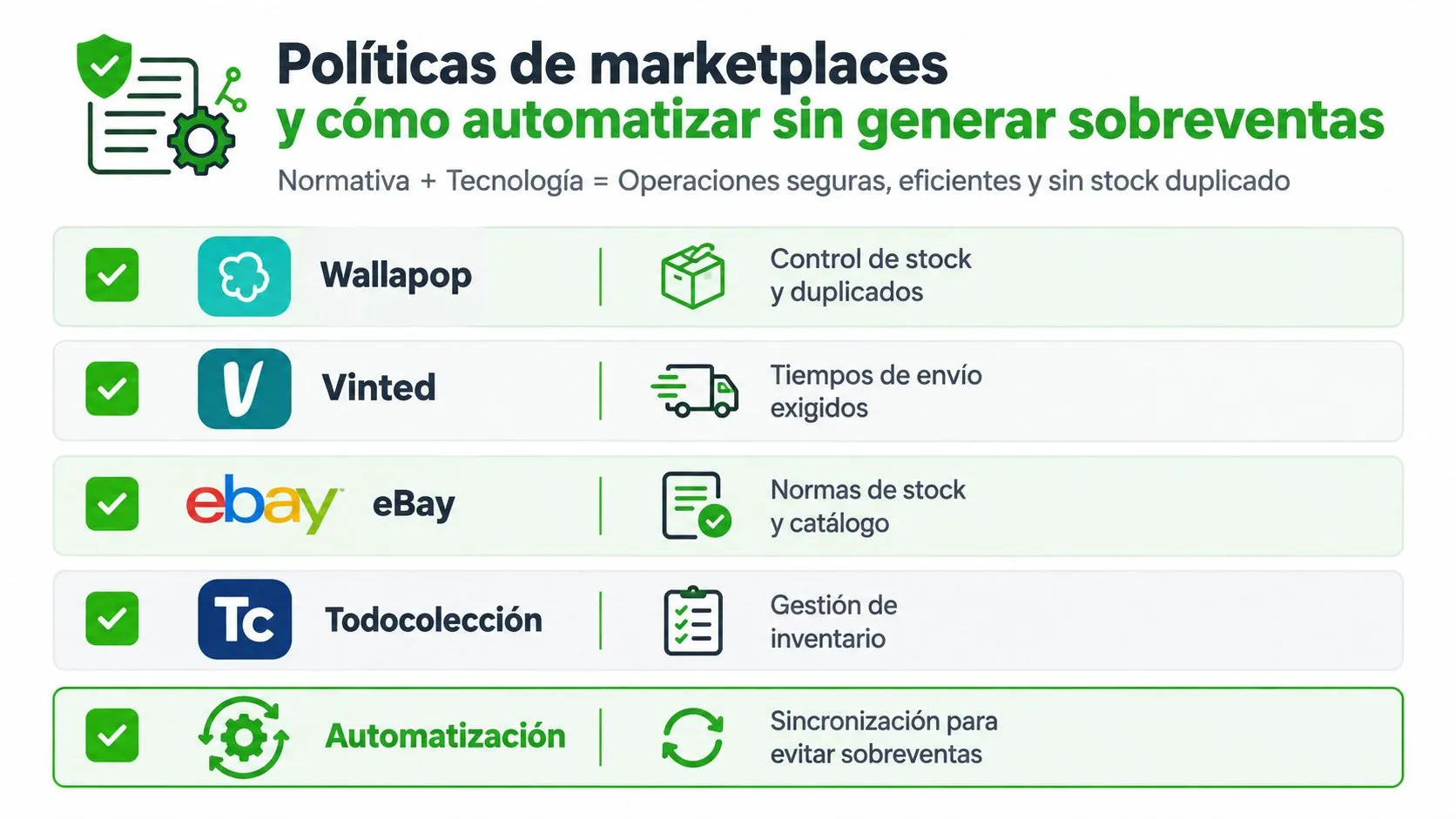 Infografía sobre políticas de marketplaces y automatización para gestionar stock y evitar sobreventas en diversas plataformas.