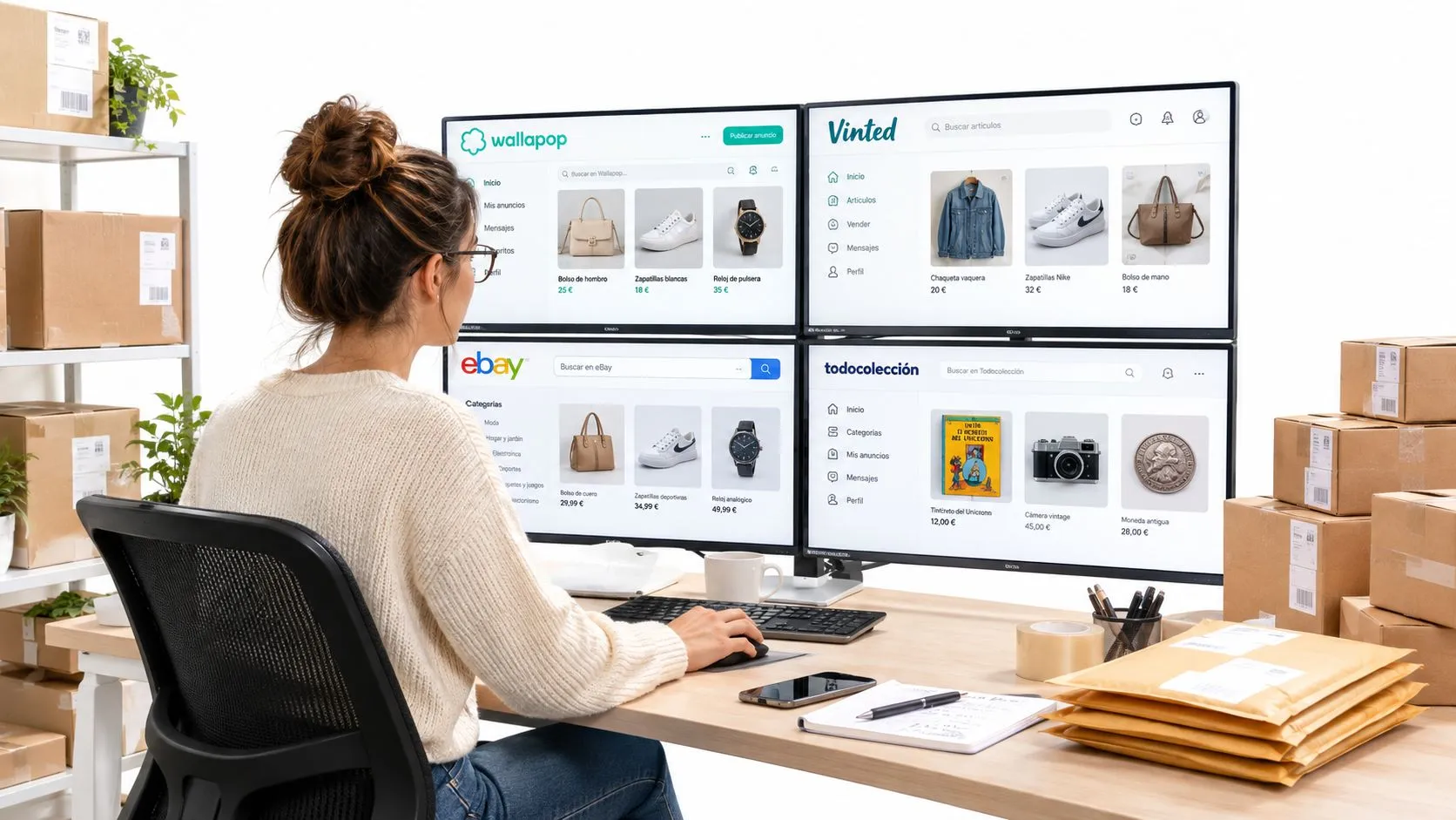 Mujer trabajando frente a cuatro monitores gestionando ventas en plataformas de comercio electrónico desde su oficina personal.