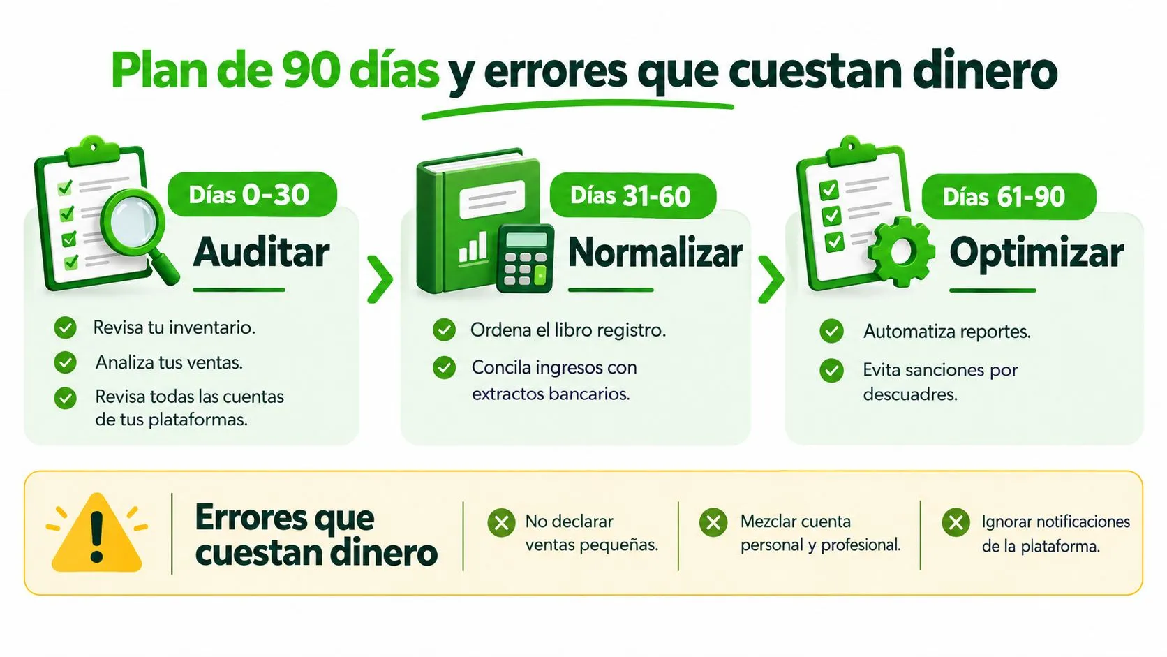 Infografía sobre un plan de 90 días para auditar, normalizar y optimizar finanzas, evitando errores costosos.