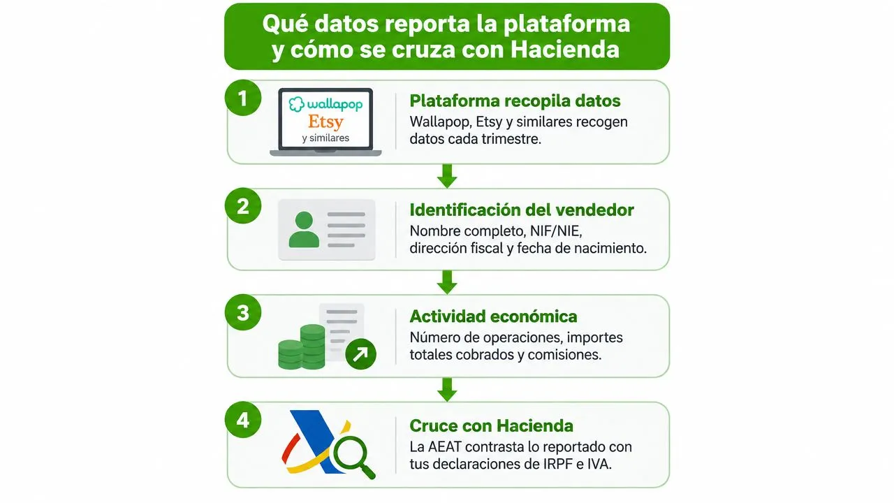 Infografía que explica cómo las plataformas digitales reportan datos de ventas de usuarios a la Hacienda española.
