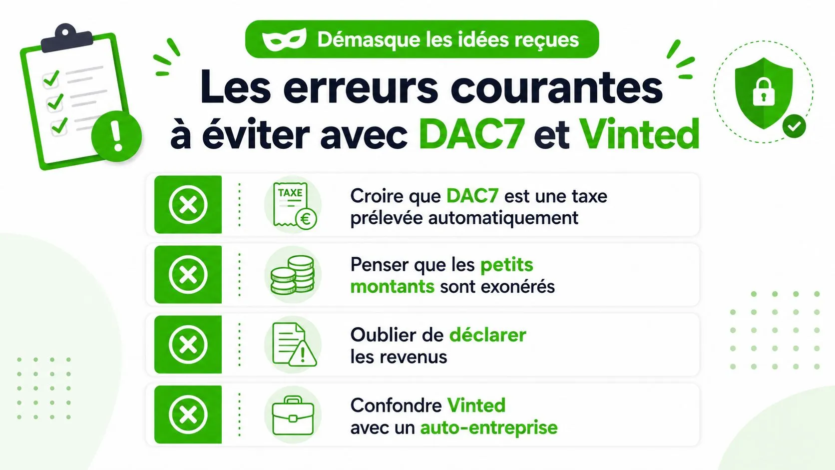 Infographie illustrant les idées reçues et les erreurs courantes à éviter concernant la directive européenne DAC7 sur Vinted.