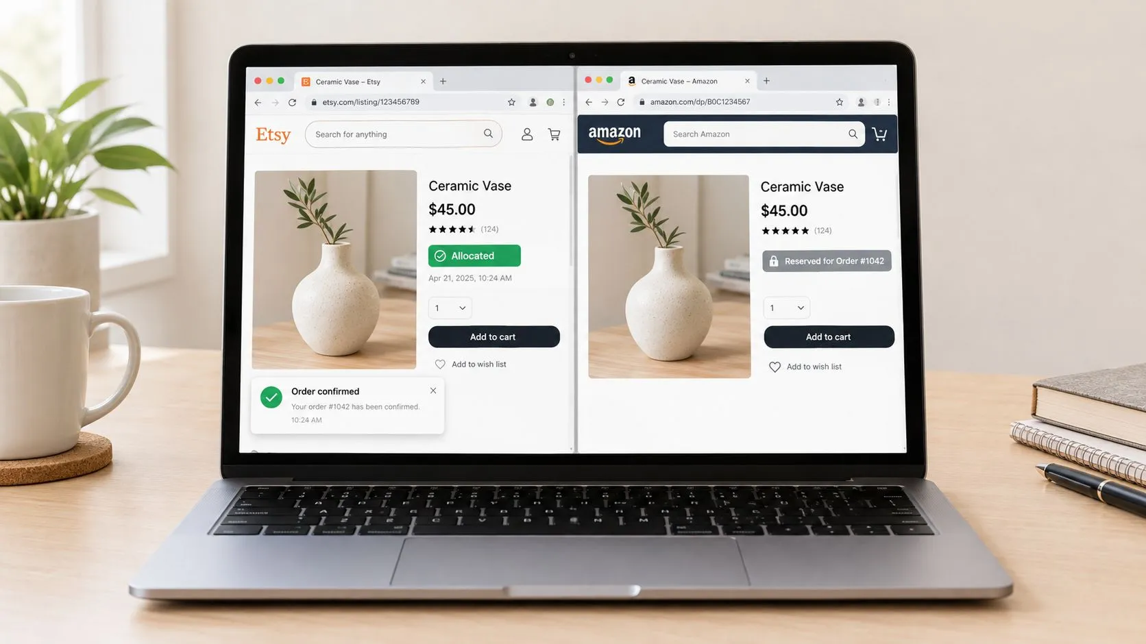 A laptop screen displaying two browser windows comparing product availability between Etsy and Amazon for an online order.