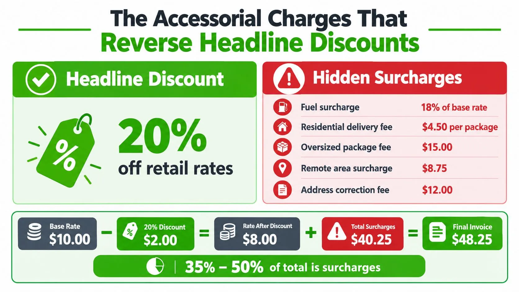 An infographic showing how hidden surcharges can negate a headline shipping discount, resulting in a higher total cost.