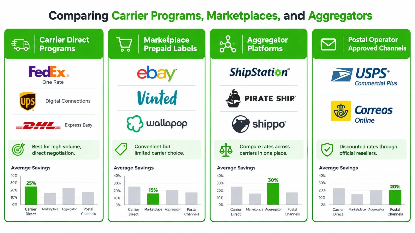 An infographic comparing shipping options including carrier direct programs, marketplace prepaid labels, aggregator platforms, and postal operator channels.