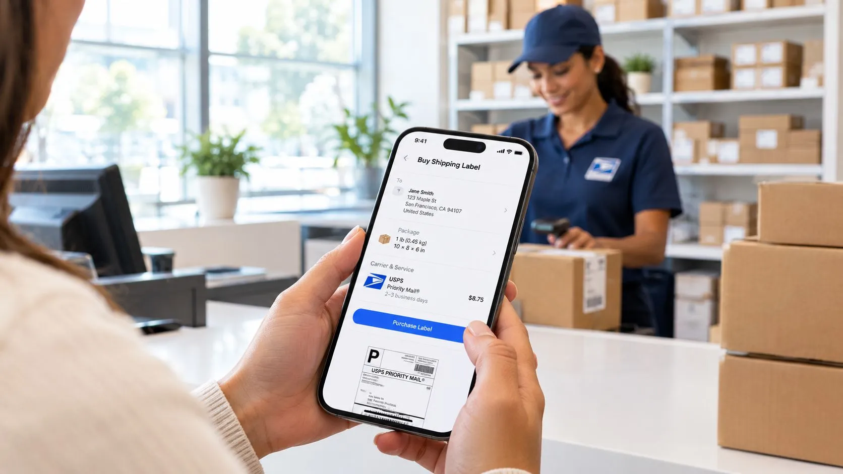 A customer holding a smartphone displaying a USPS shipping label purchase screen inside a post office.