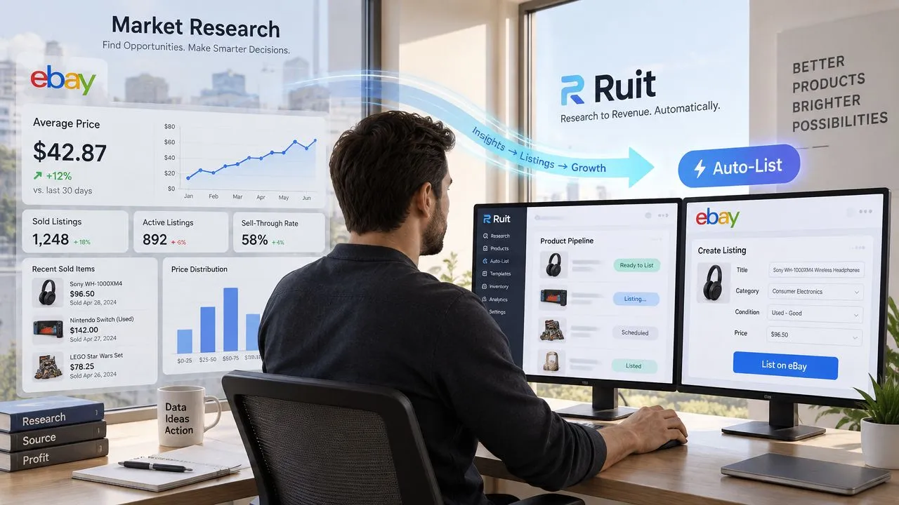 A man using Ruit software on dual monitors to analyze eBay market trends and automate product listings.