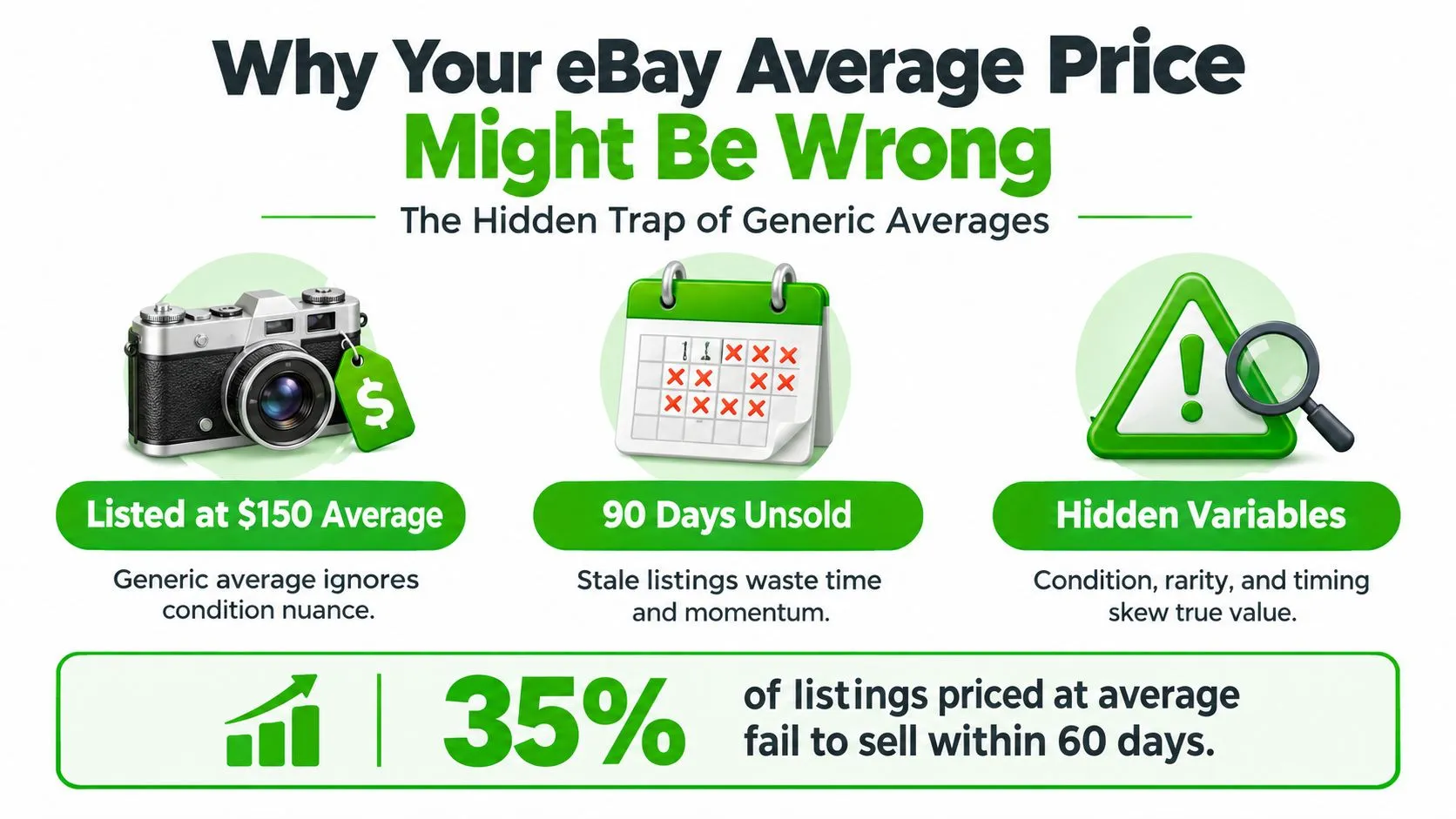 An infographic titled Why Your eBay Average Price Might Be Wrong, illustrating common pitfalls in pricing.