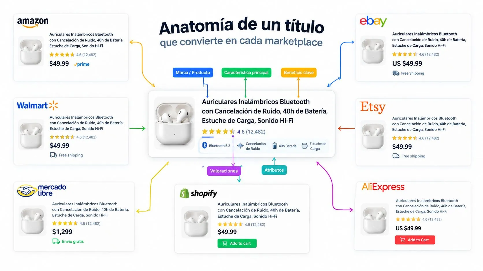 Diagrama de la anatomía de un título de producto optimizado para vender en diferentes plataformas de marketplaces.