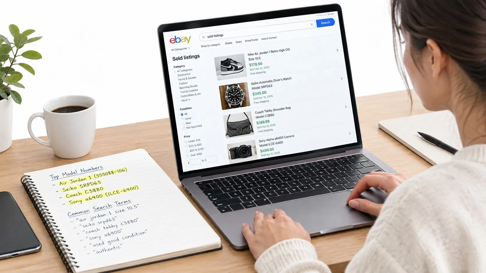 A woman using a laptop to research sold eBay listings on a clean, organized wooden desk workspace.