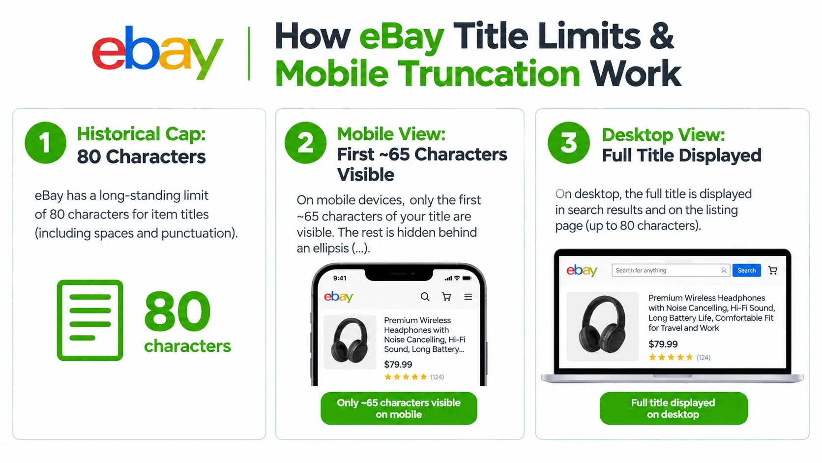 An infographic explaining eBay item title character limits and how they truncate on mobile versus desktop devices.