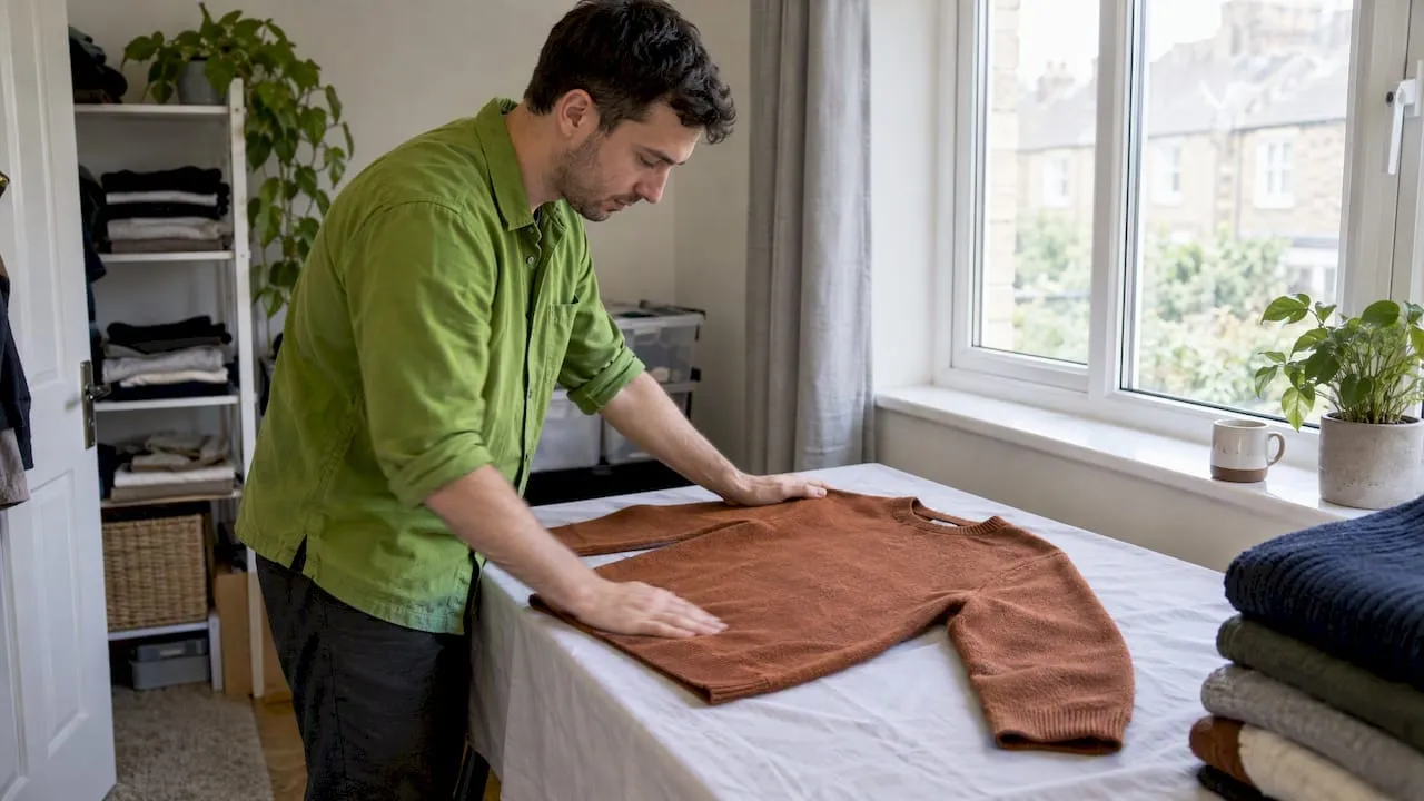 Reseller arranging clothing against neutral background