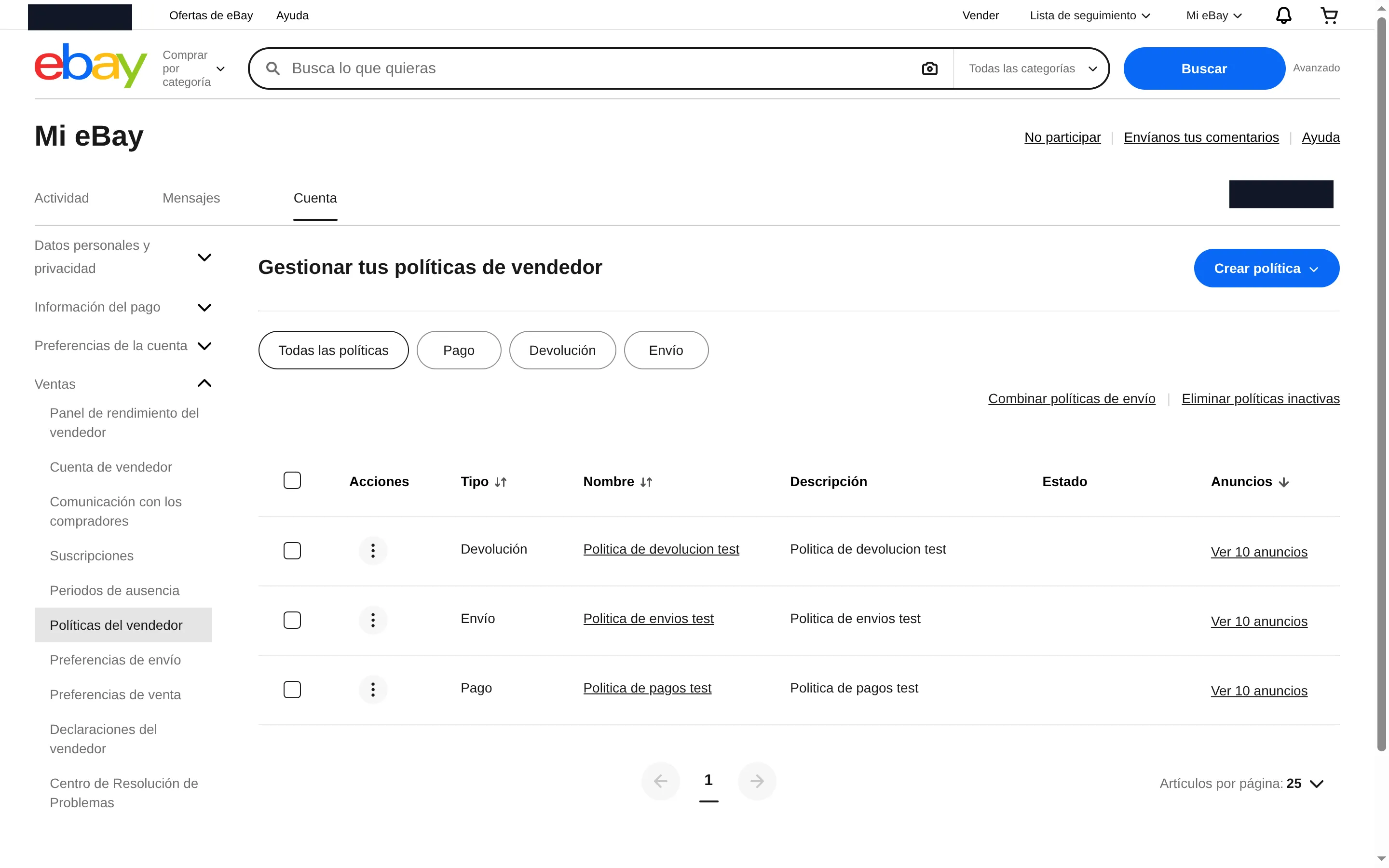 eBay's Business policies screen, with the table of policies by type and the blue Create policy button at the top right