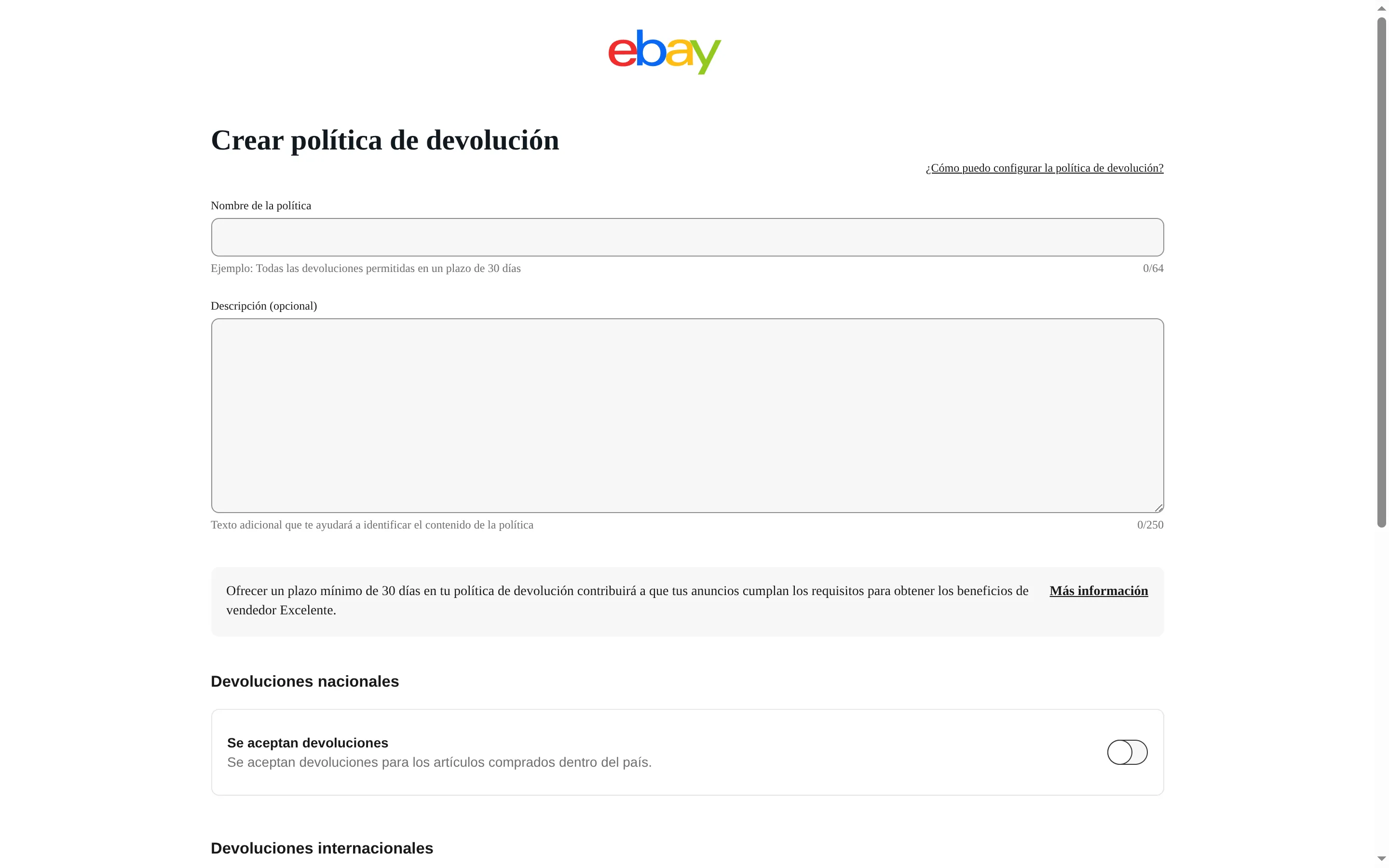 eBay's form for creating a return policy, with the policy name field and the toggle for accepting domestic returns