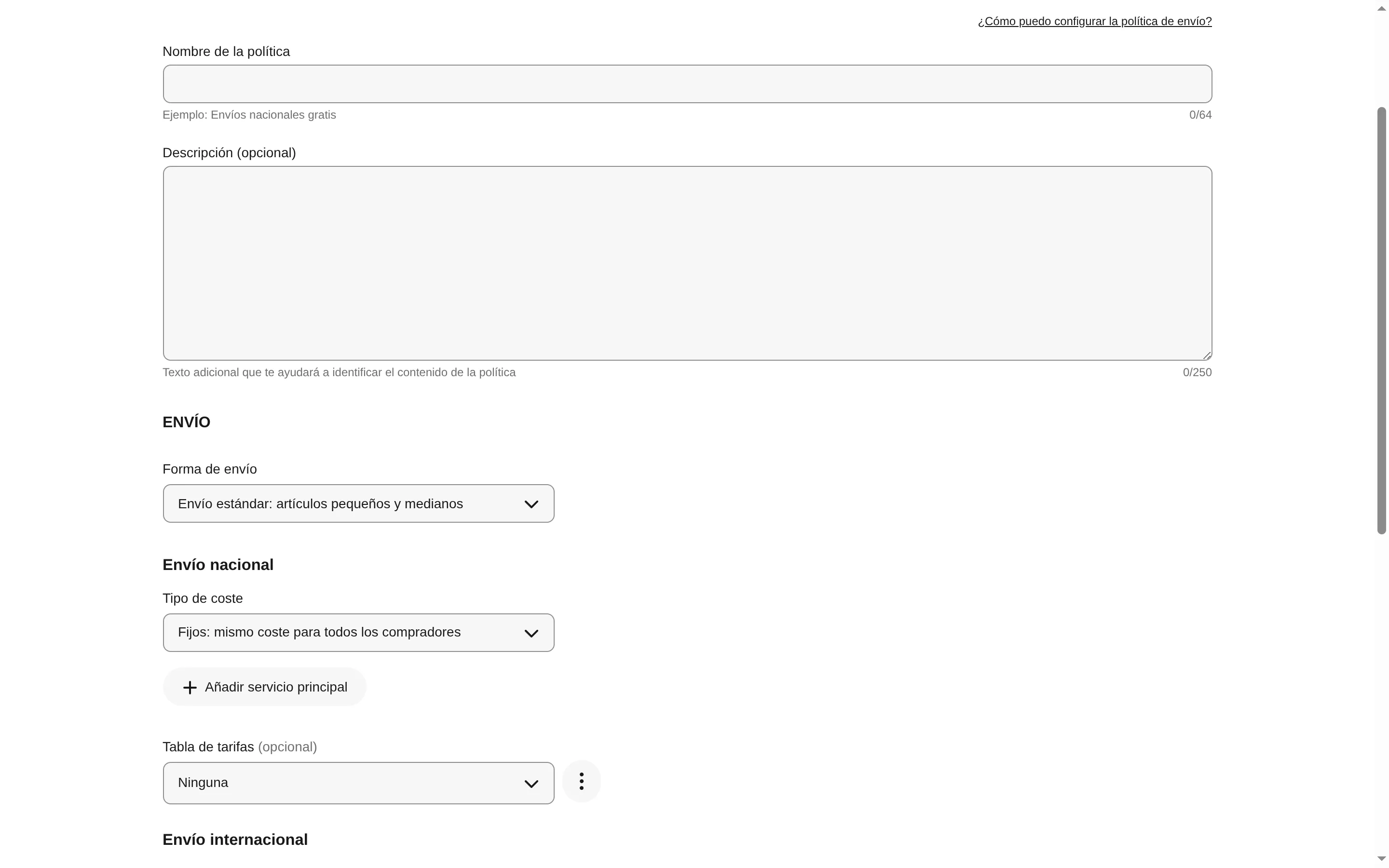 eBay's form for creating a shipping policy, with the policy name field, the shipping method, the cost type and the button for adding the primary service