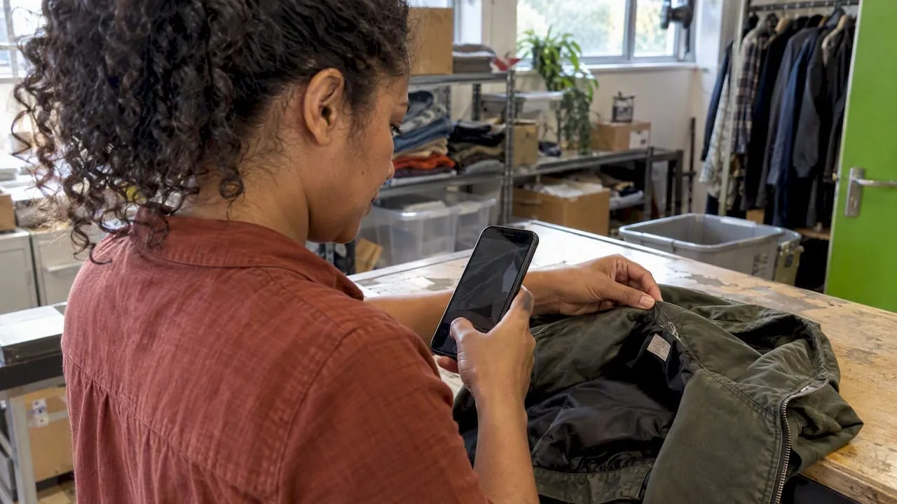 Reseller photographing a jacket seam and label