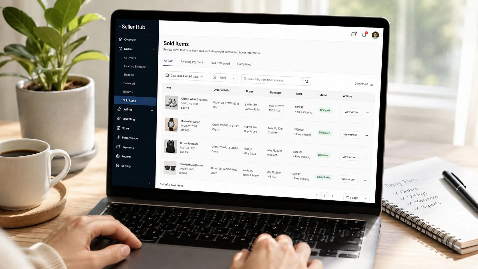Seller Hub's Sold Items view filtered to the last 90 days, listing four sales with their buyer, date, total and status