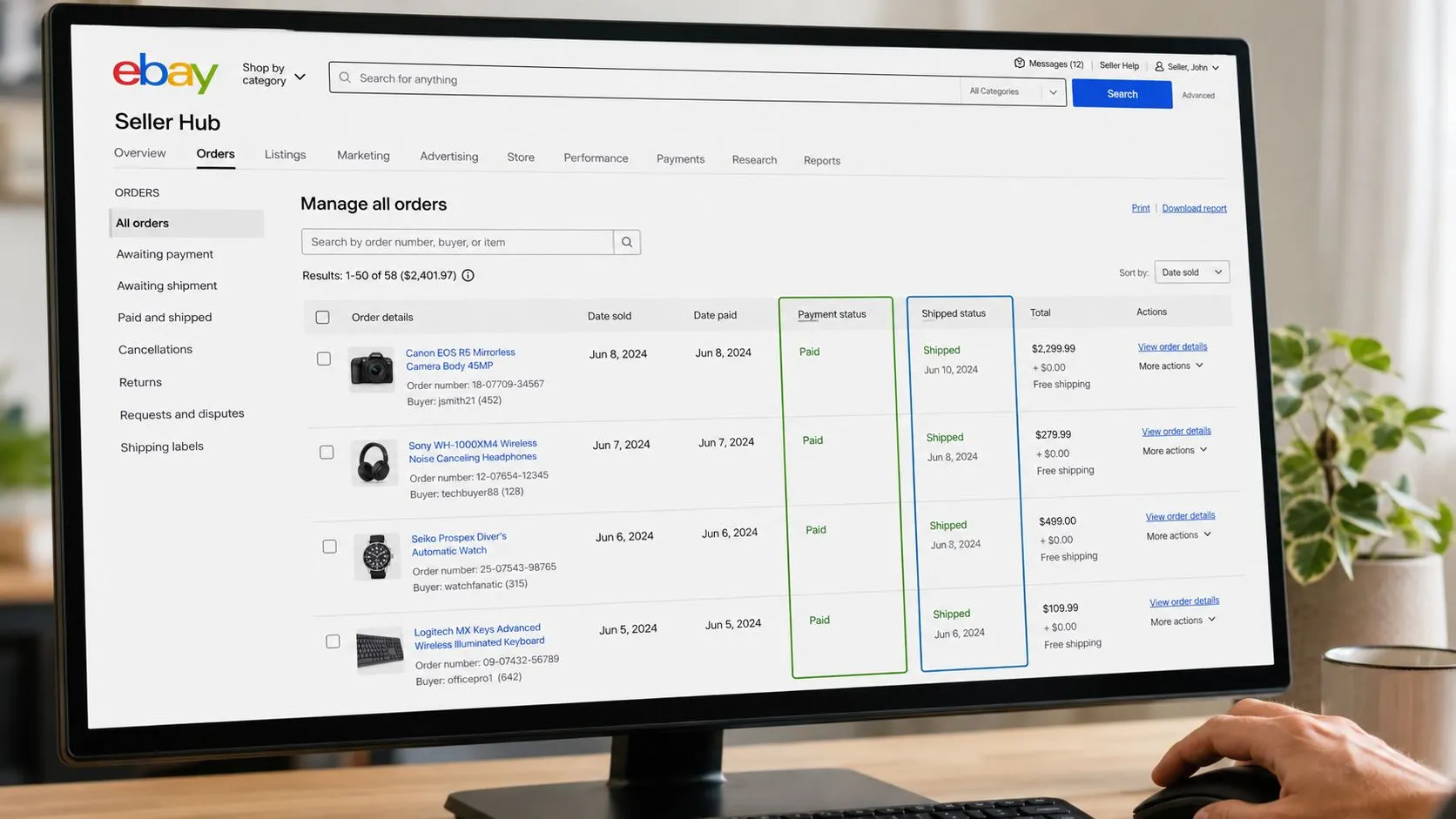 Seller Hub's Manage all orders view on a desktop monitor, showing 58 orders worth $2,401.97 with the payment and shipped status columns highlighted