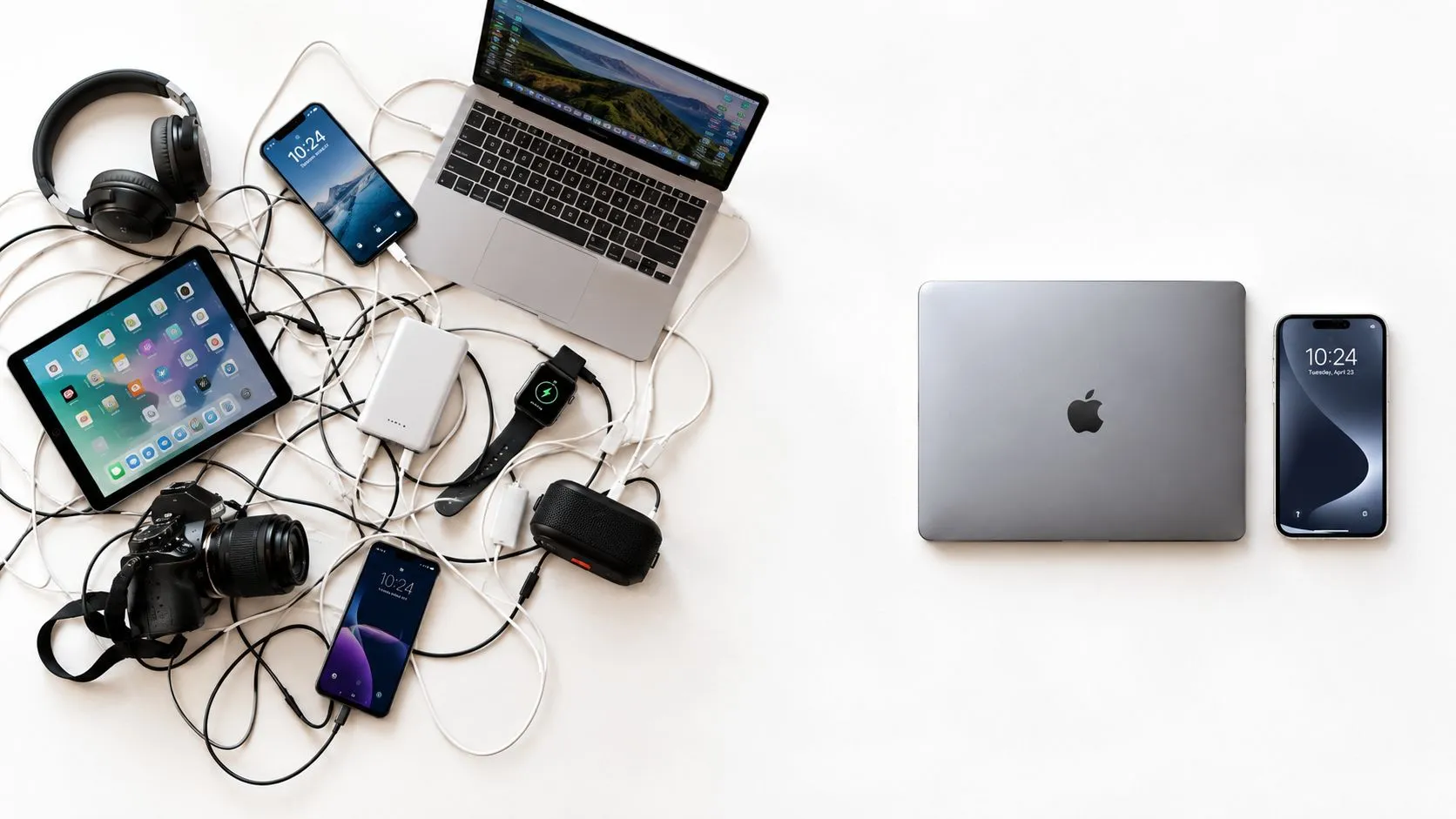 An overhead view showing a mix of modern technology devices including laptops, tablets, phones, and accessories.