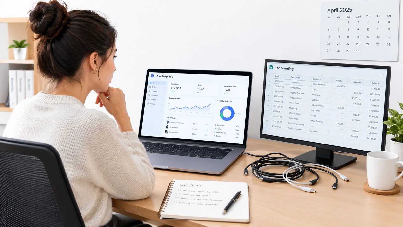 A woman working on an ecommerce dashboard and accounting spreadsheet while taking notes at her desk.
