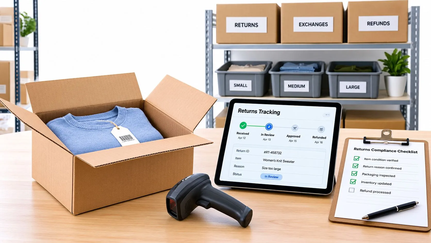 A warehouse desk featuring a returned sweater in a box, a tablet tracking system, and compliance checklist.