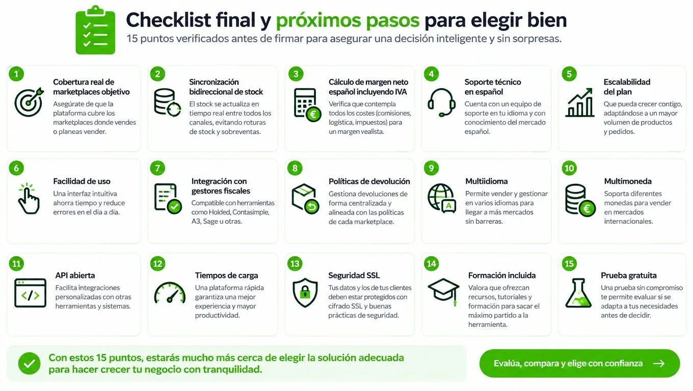 Una lista de verificación con quince puntos esenciales para seleccionar correctamente una plataforma de software para ecommerce.