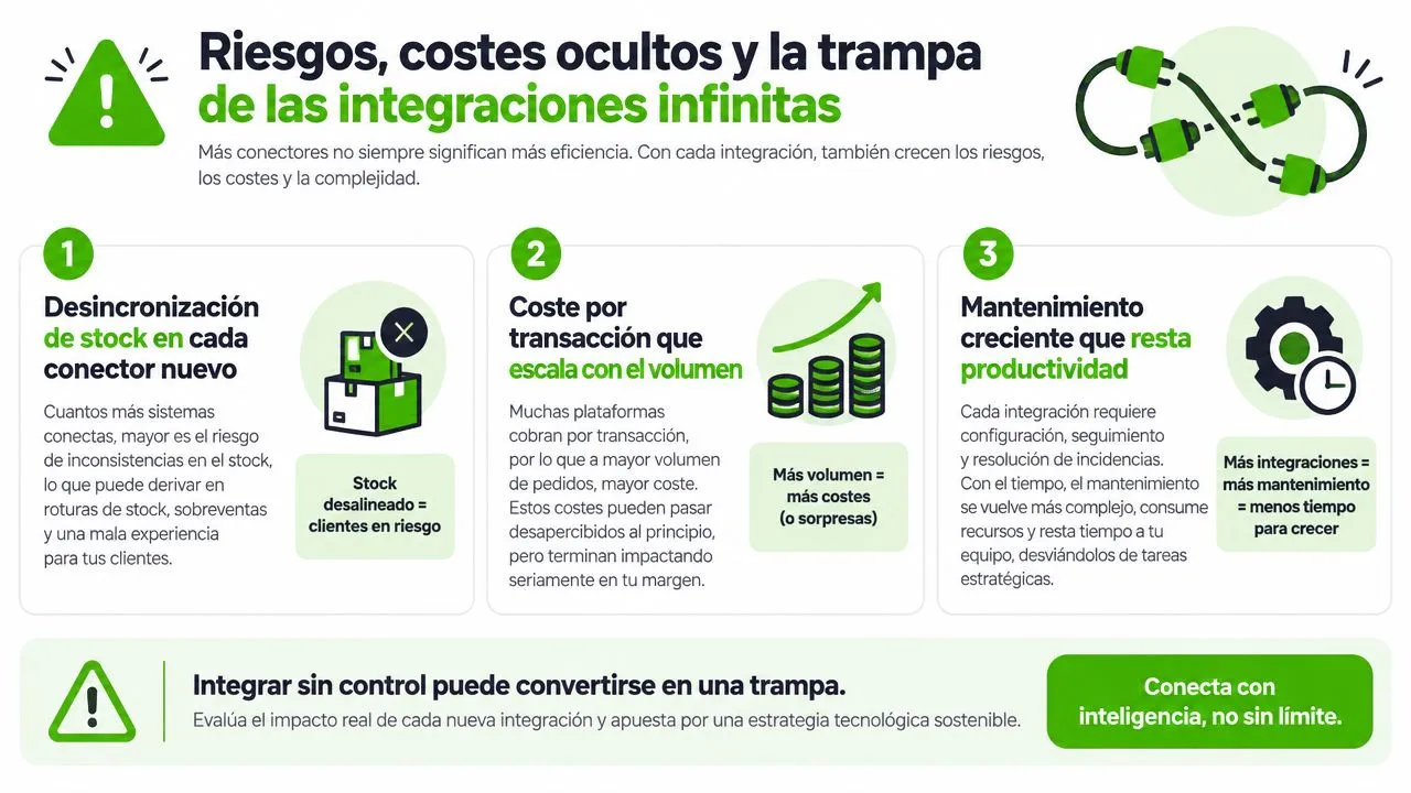 Infografía sobre los riesgos, costes y complejidad técnica que generan las integraciones excesivas en sistemas ecommerce.
