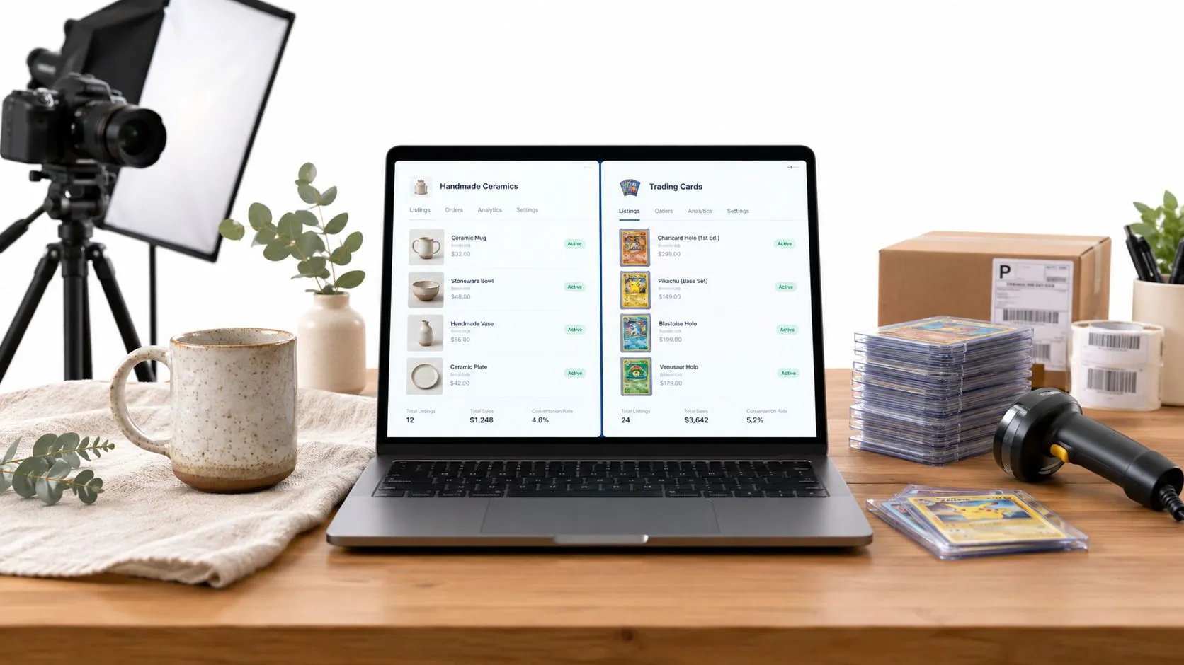 A laptop on a wooden desk displaying an e-commerce dashboard alongside photography equipment and shipping supplies.