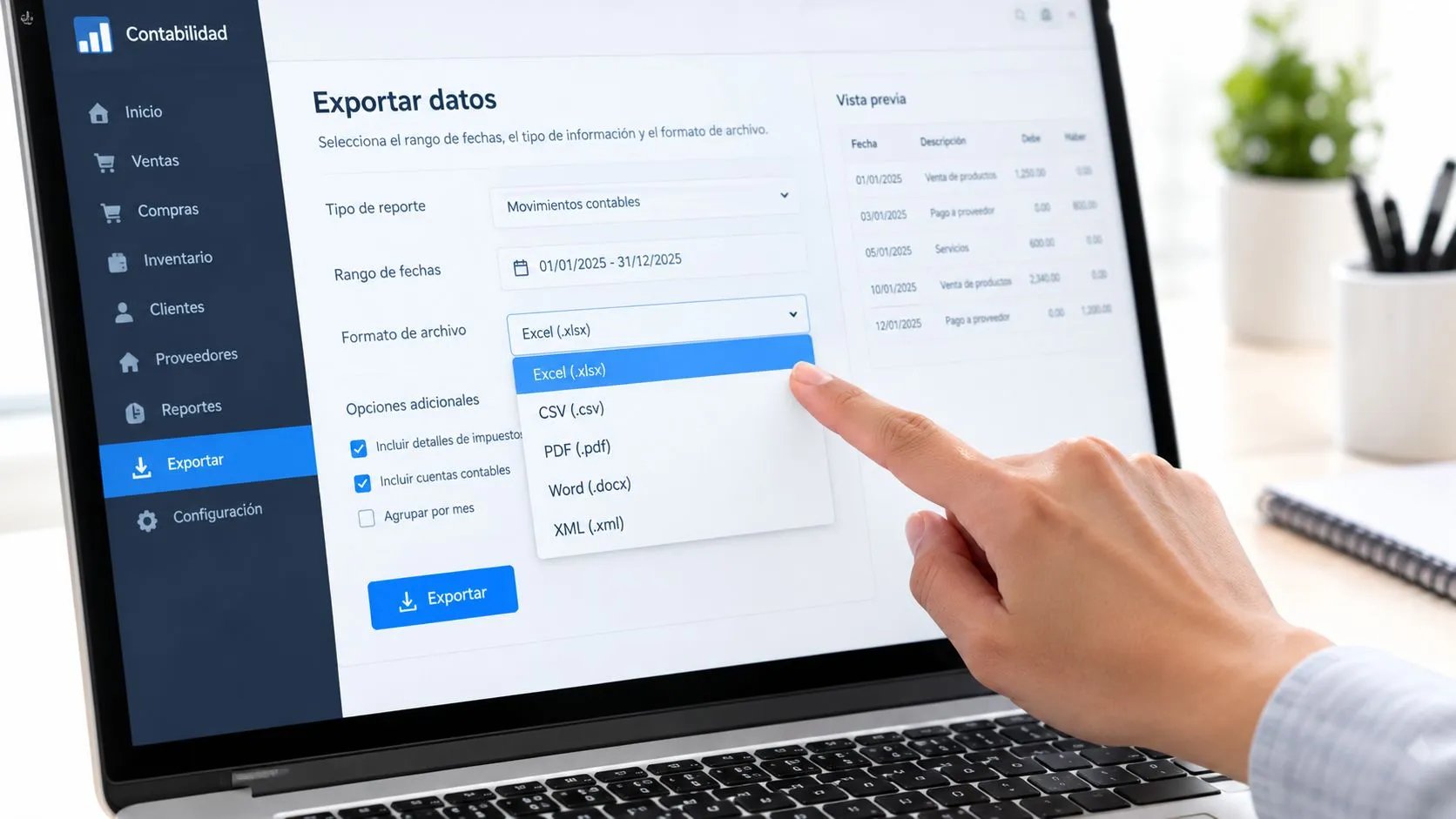 Une main sélectionne le format Excel sur une interface logicielle de comptabilité pour exporter des données financières.