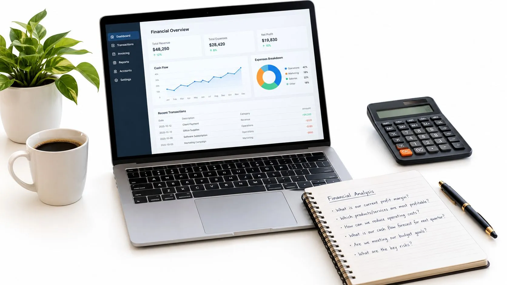 Ordinateur portable affichant des données financières avec un carnet de notes, une calculatrice et une plante.